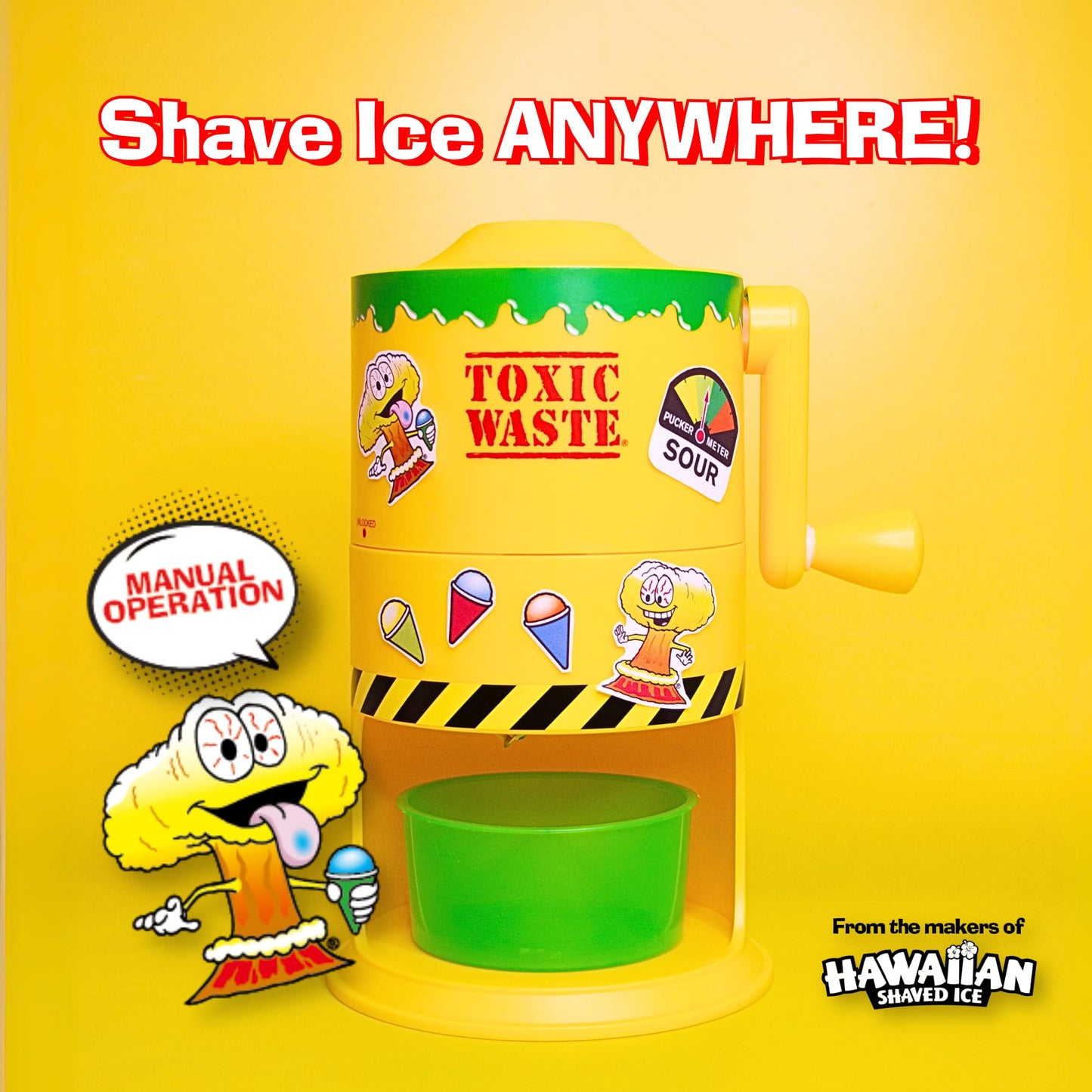 TOXIC WASTE Sour Snow Cone Bundle – Mini Manual Ice Shaver Machine bundled with 3 Bold Syrups (Cherry, Blue Razz, Green Apple) – No Electricity Needed, DIY Stickers, Cups Included – Fun for Kids & Par