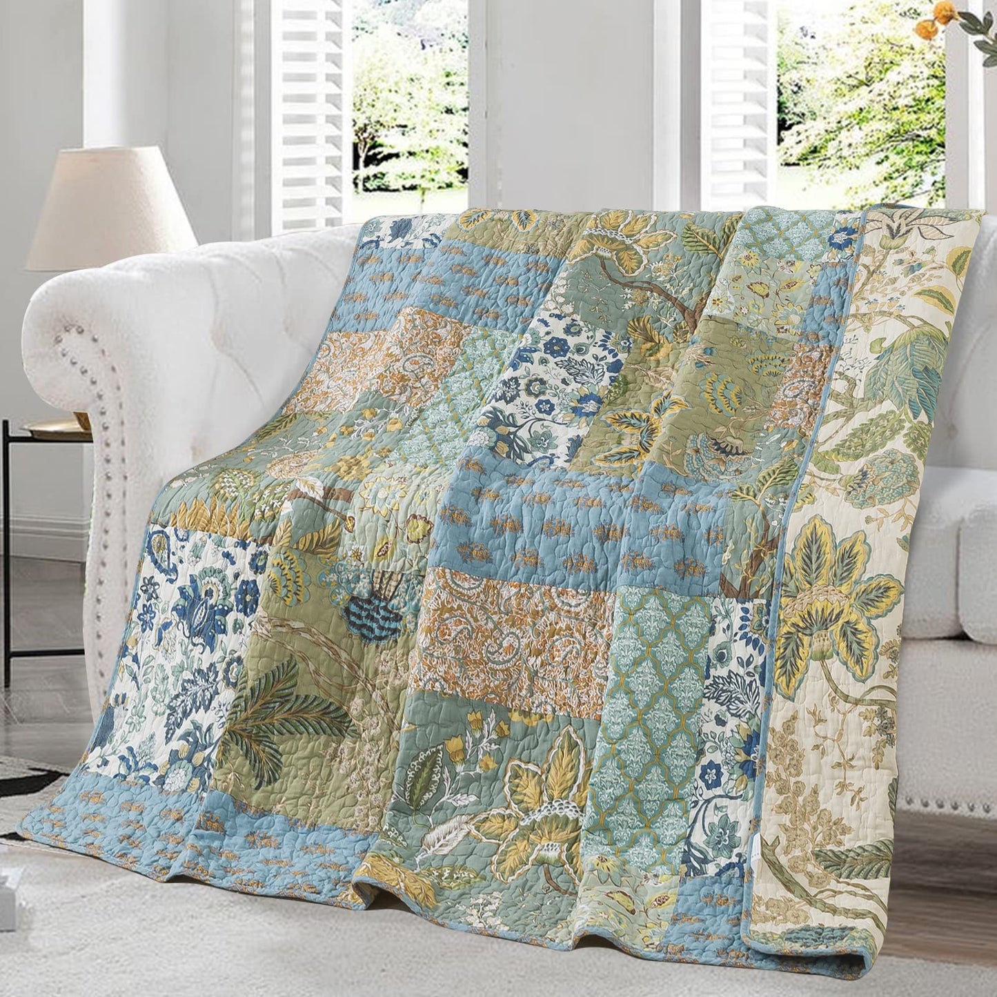 NEWLAKE Cotton Quilted Throw Blanket for Bed Couch Sofa, Reversible Patchwork Matelasse Blanket with Real Stitched Embroidery, Bohemian Floral Pattern, 60X78 Inch