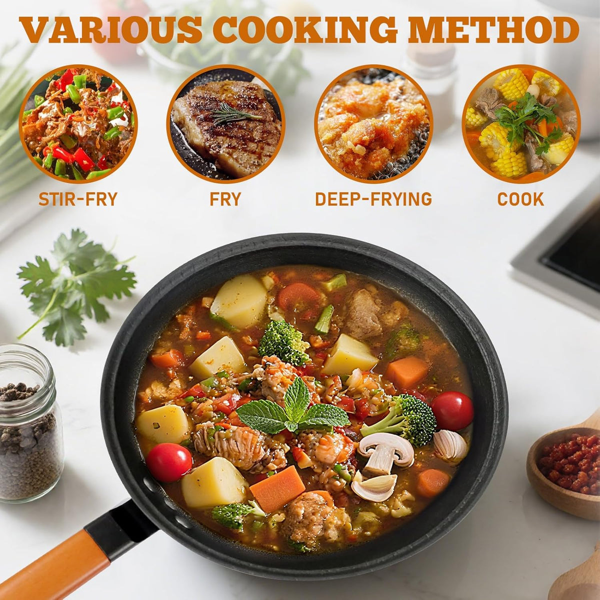 Nonstick Frying Wok Pan Hybrid, 9 Inch Preseasoned Deep Stir Fry Pan Skillet with Glass Lid, Traditional Chinese Cast Iron Wok, No Coated Saucepan for Induction, Electric, Gas, Grill Stoves