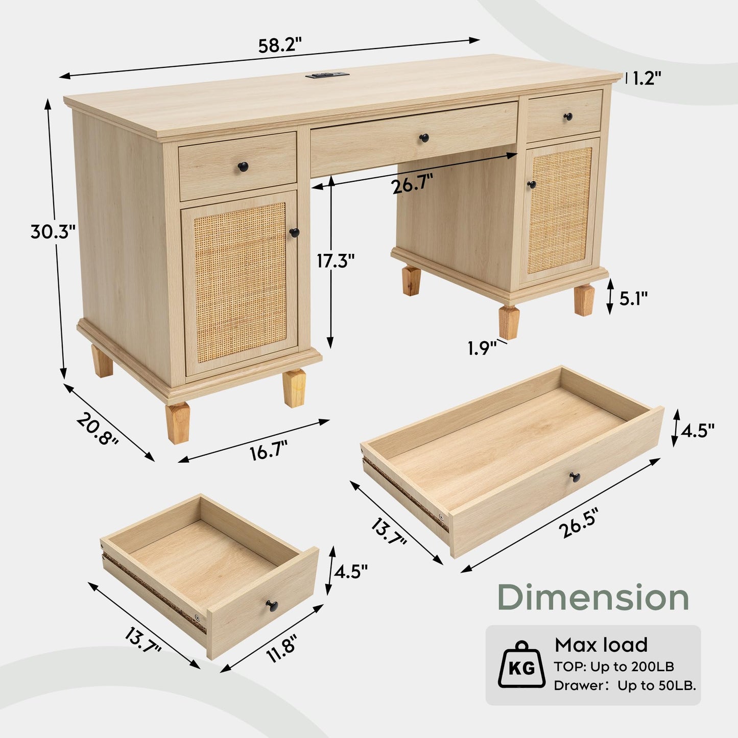 Yechen 58" Modern Executive Desk with Natural Rattan Door, Boho Writing Desk with 3 Drawers & 2 Cabinet for Study, Work, Computer, Natural Oak