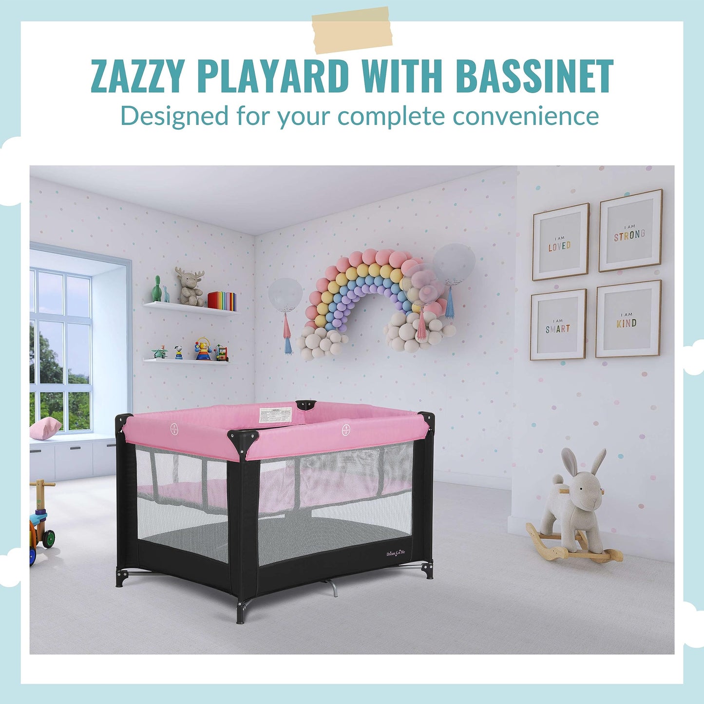 Dream On Me Zazzy Portable Playard with Bassinet in Pink, Packable and Easy Setup Baby Playard, Lightweight and Portable Playard for Baby with Mattress and Travel Bag