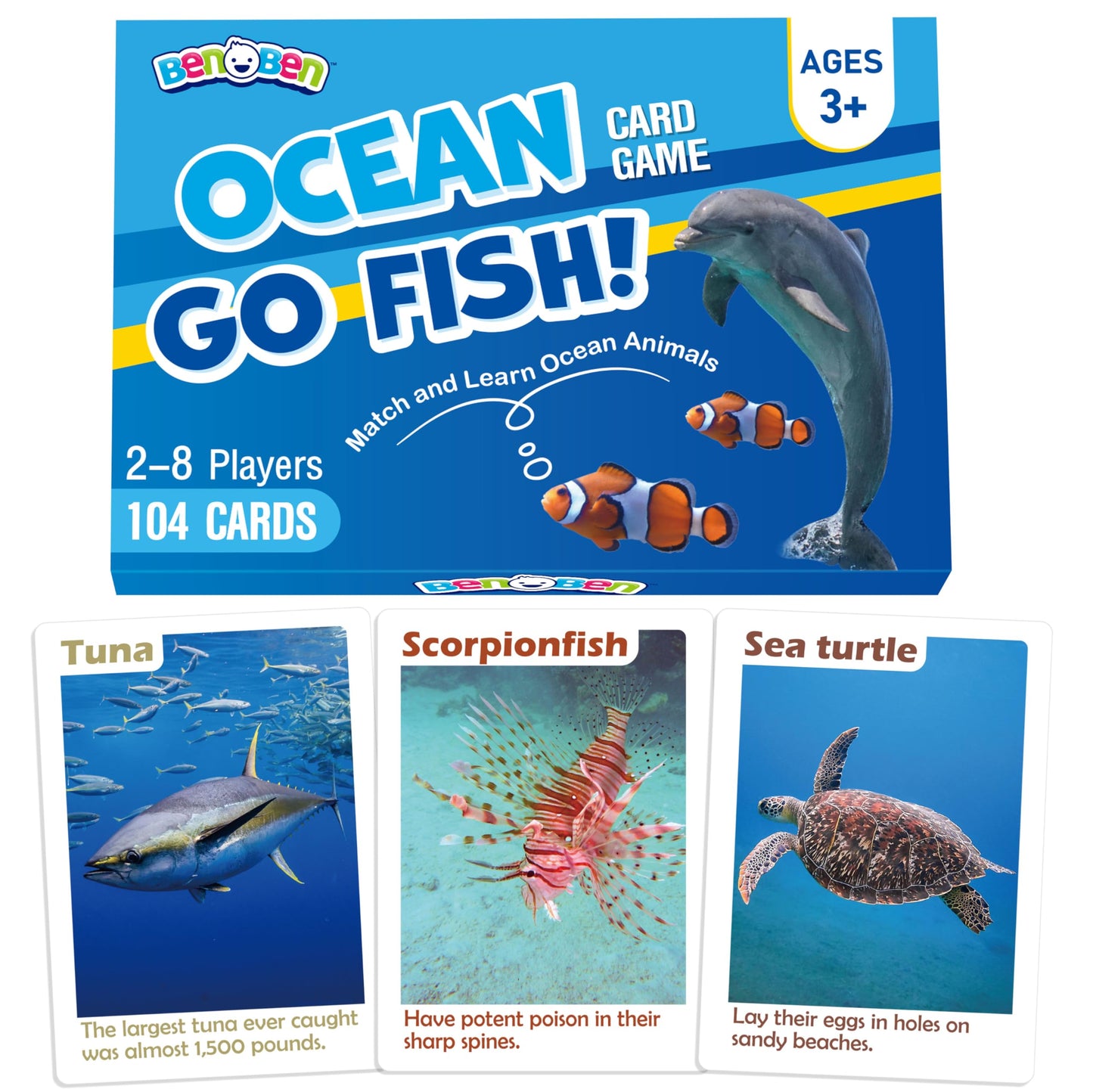 BenBen Alphabet Go Fish Card Game for Kids,104 Cards, Oversized ABC Learning Playing Cards, Memory Matching Games, 2-8 Players, Ages 3 and up, Easter Basket Stuffers, Stocking Stuffers