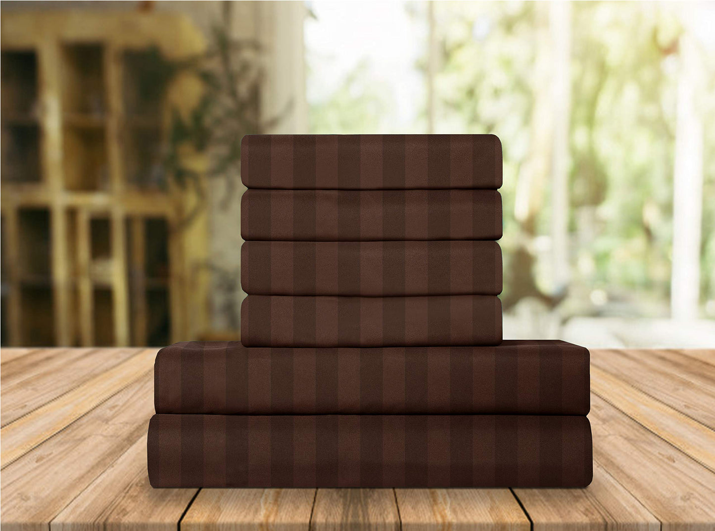 Elegant Comfort Luxury Soft Bed Sheets Dobby Stripe 1500 Premium Hotel Quality Microfiber Softness Wrinkle and Fade Resistant (6-Piece) Bedding Set, King, Espresso Brown