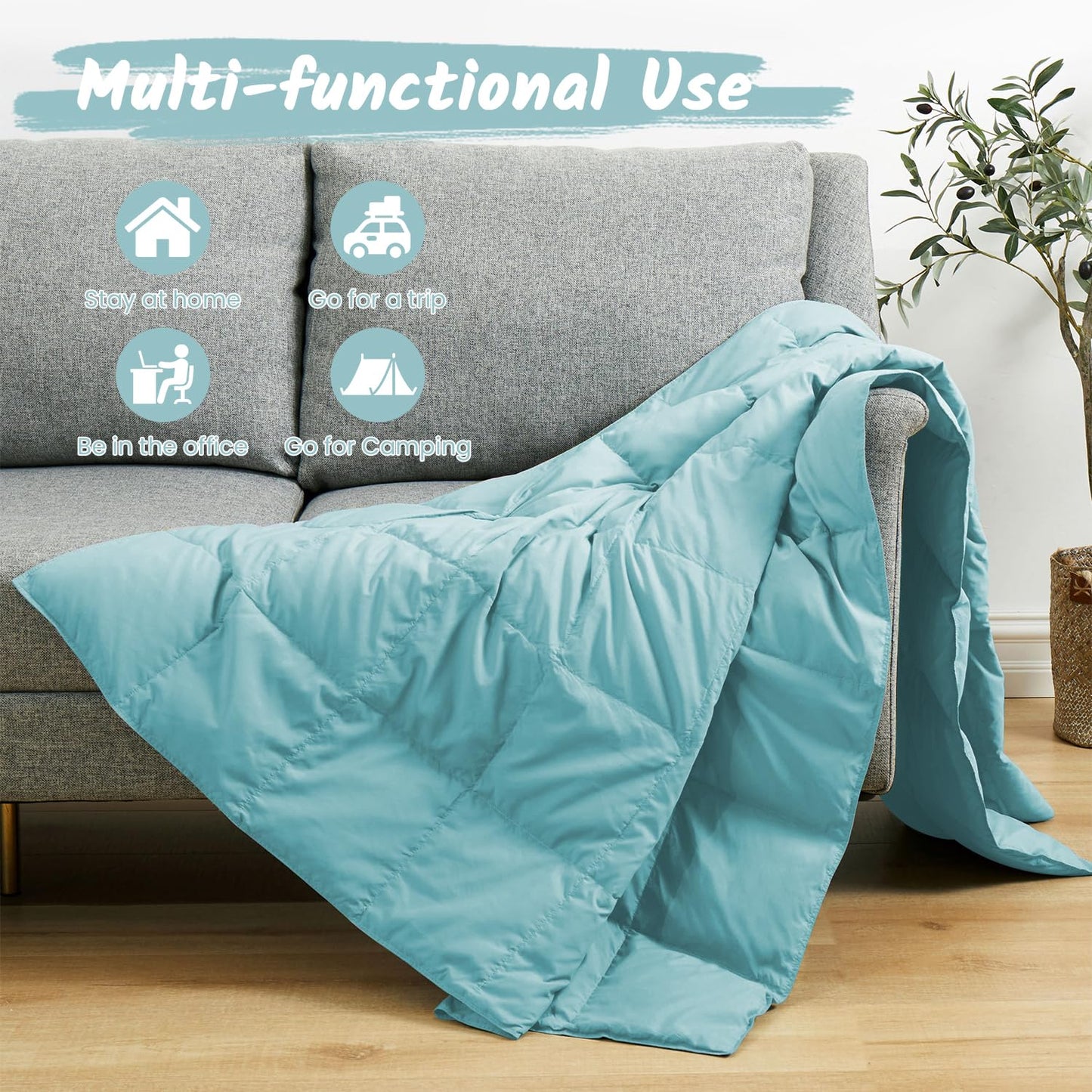 Dreamhood Down Throw Blanket Lightweight Throw Blanket Feather Down Fiber Throw for Couch, Soft Breathable Microfiber Fabric Small for Indoor and Outdoor Use, 50"X70", Sea Blue