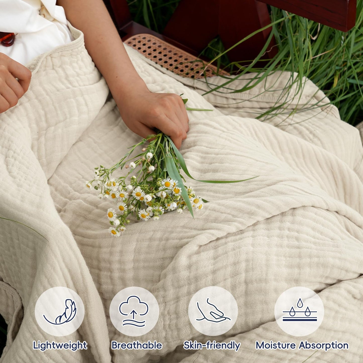 PHF Cooling Muslin Blanket Queen Size 90"x80", 6-Layer Lightweight Gauze Blanket Made from 35% Rayon Derived from Bamboo & 65% Cotton, Breathable & Ultra Soft Cozy, Aesthetic Home Decor, French Oak