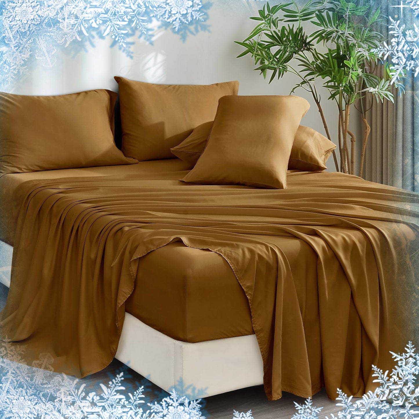 PHF 6PCS 100% Rayon Derived from Bamboo_ Sheets Set Queen Size, Cooling Sheets, Wider Elastic Band & 16" Deep Pocket, Luxury Silky Soft Breathable Bedding Set & Pillowcase, Brownish Camel