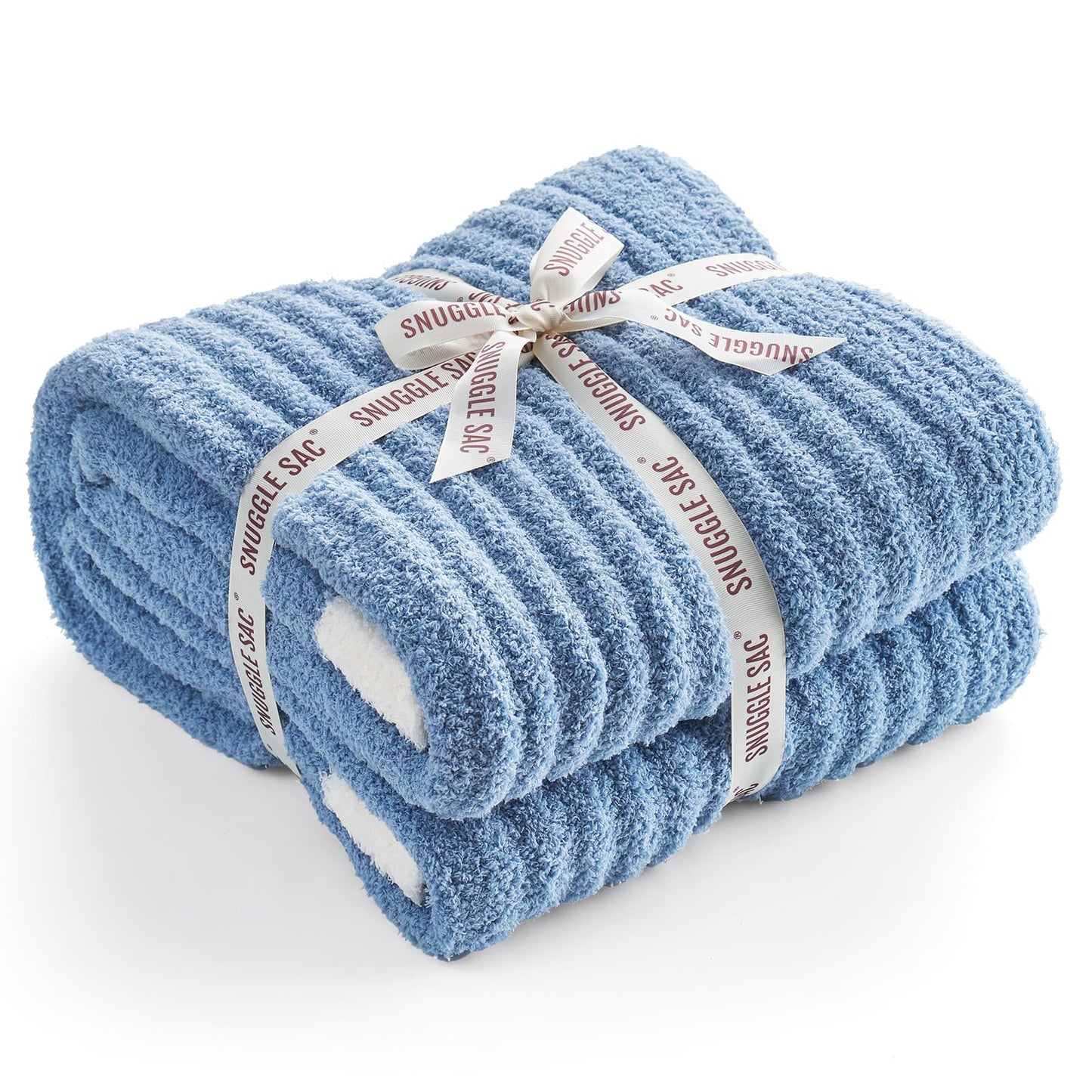 Snuggle Sac Ribbed Blue Throw Blanket for Couch, Microfiber Knit Stripe Throws, Soft Fuzzy Blankets for Couch, Sofa, Travel, Blue, 50x60 inches