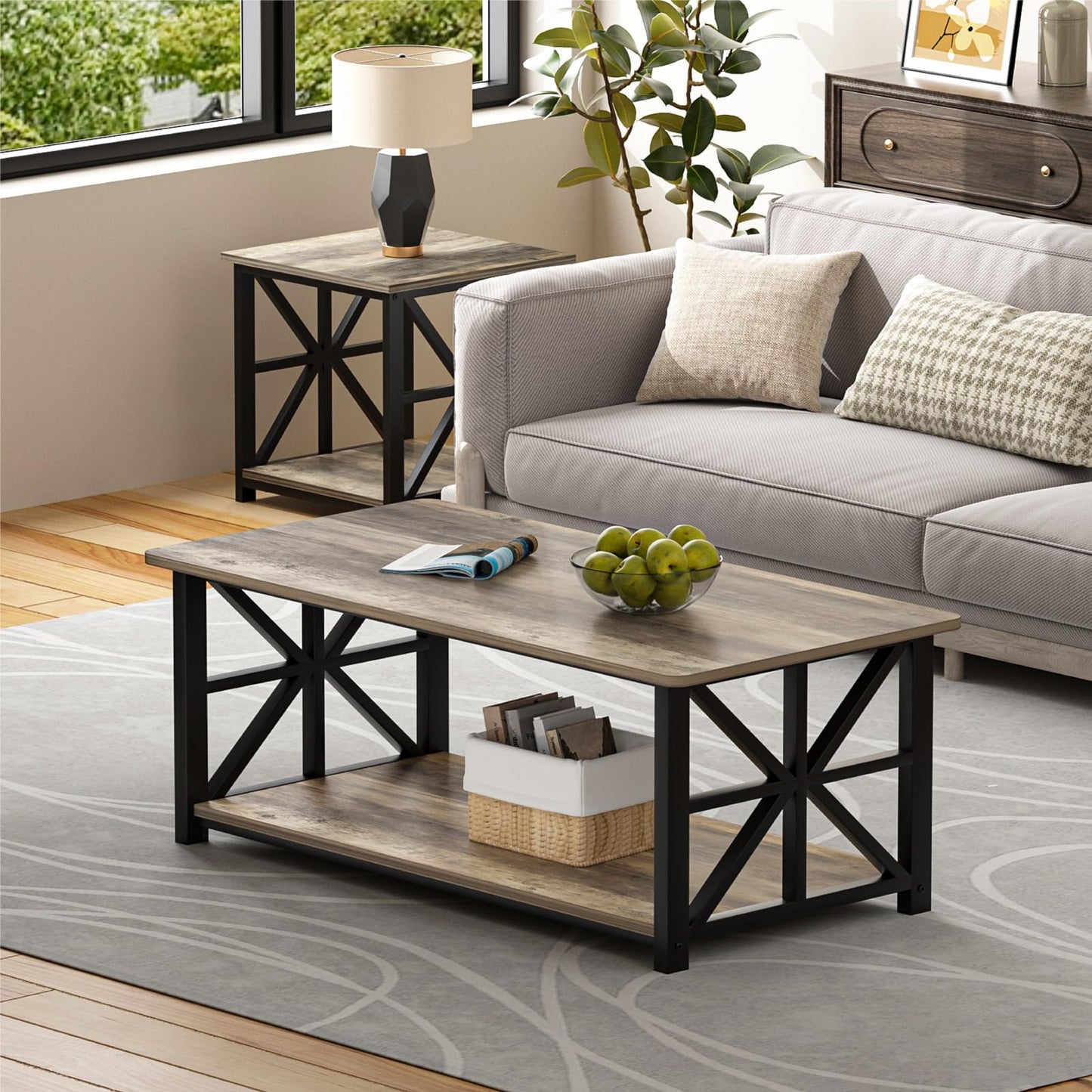 GreenForest Coffee Table for Living Room with Round Corners Farmhouse Style Center Table with Storage Shelf 39 Inch Space Saving Easy Assembly Gray Wash
