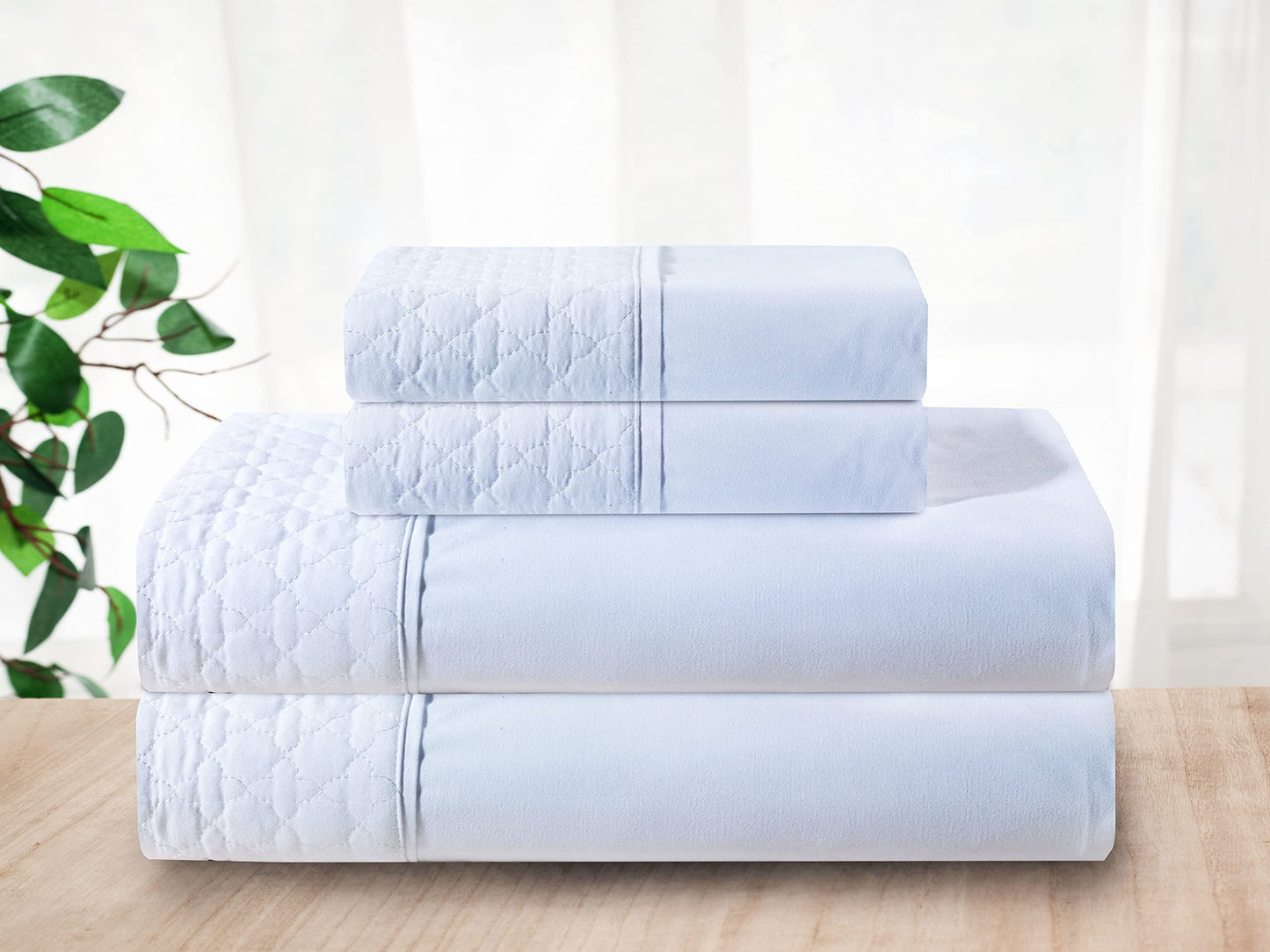 Elegant Comfort Luxury Soft Coziest 4-Piece Bed Sheet Set 1500 Thread Count Egyptian Quality Wrinkle Resistant Beautiful Quilted Design on Flat Sheet and Pillowcases, King, White