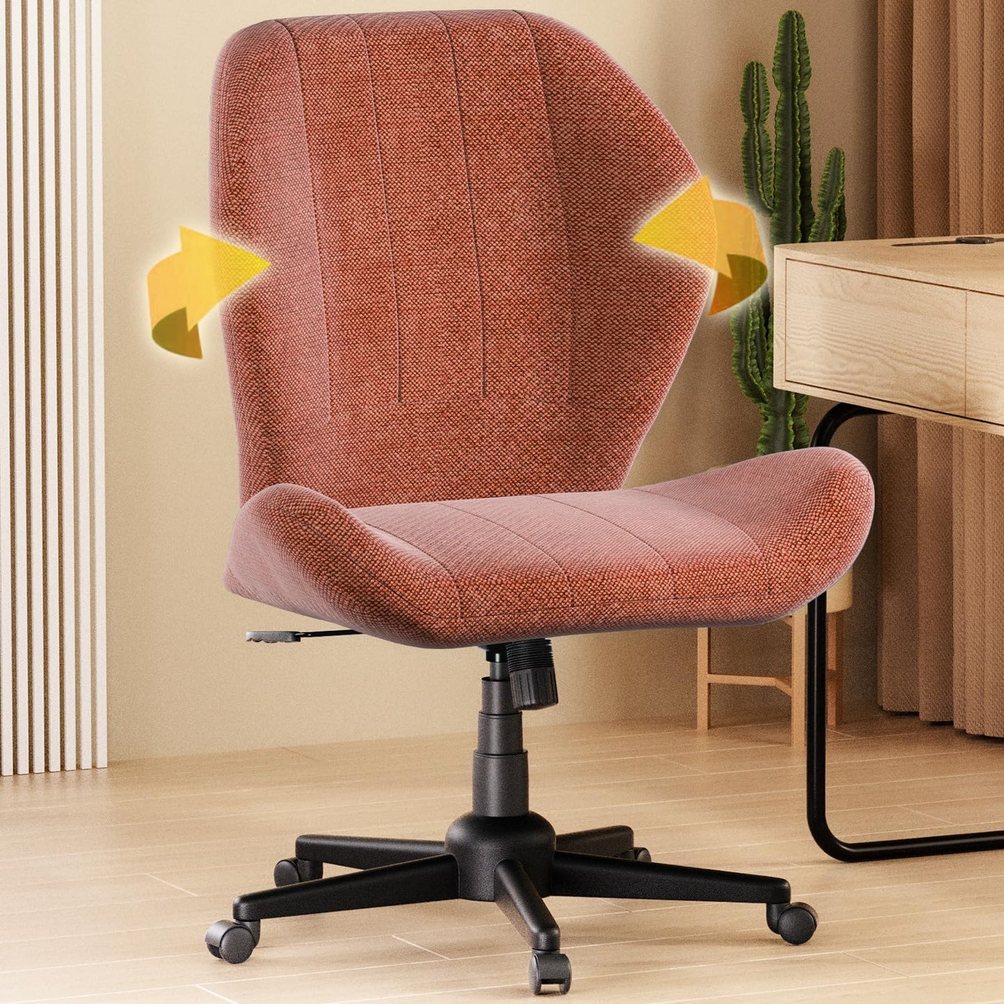 ZZW Criss Cross Chair with Wheels, Wide Cross Legged Office Chair Armless Comfy Desk Chair with Tall Back Vanity Chairs with Stress Relief Curved Design Seat for Bedroom & Office & Home Red Orange