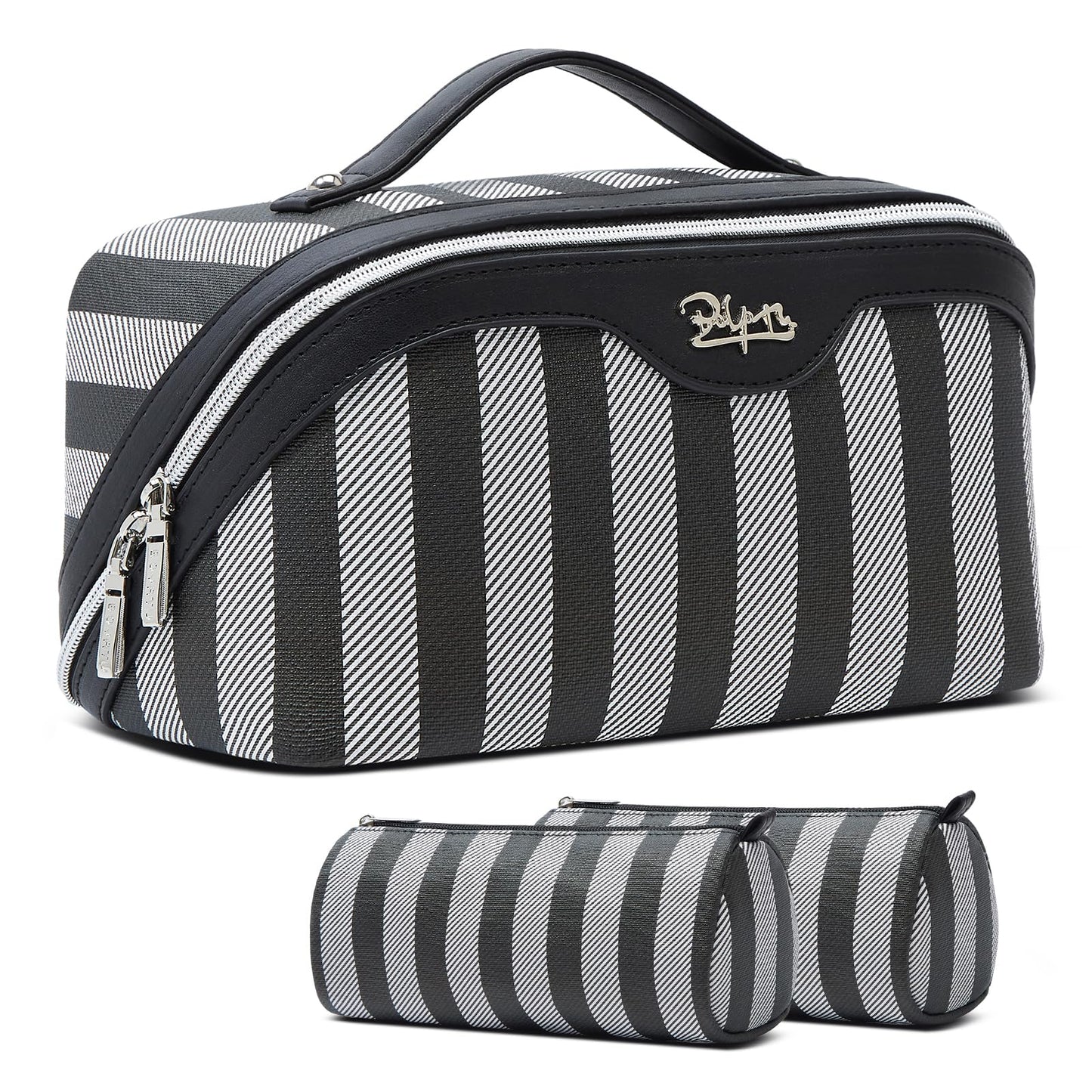 BOYATU Travel Makeup Bag for Women: Large Cosmetic Bag Set of 3 - PU Leather Make up Bag with Compartments - Compact Waterproof Toiletry Bag with Divider & Handle (04Black)