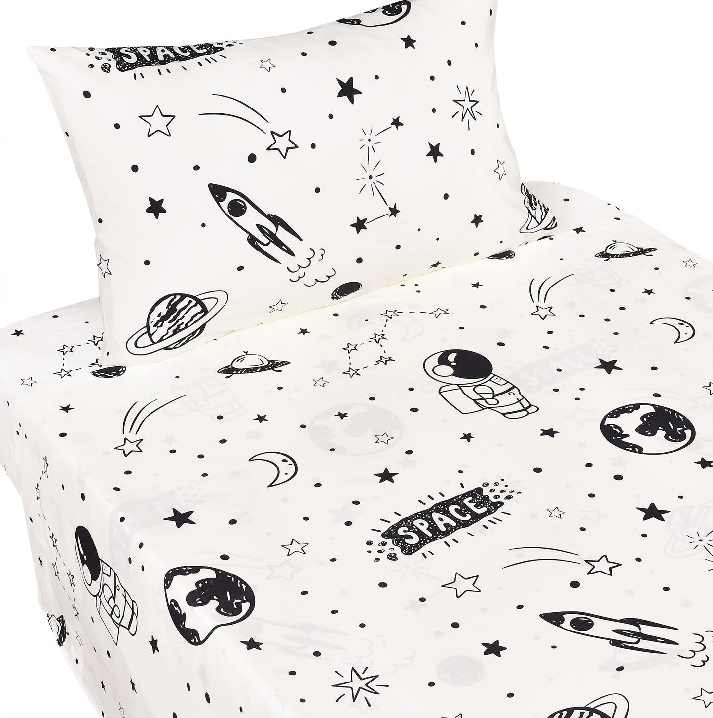 J pinno Space Astronaut Airship Planet Stars Earth Boys Twin Sheet Set Bedroom Decoration Gift, 100% Cotton, Flat Sheet + Fitted Sheet + Pillowcase Bedding Set (20, Twin)
