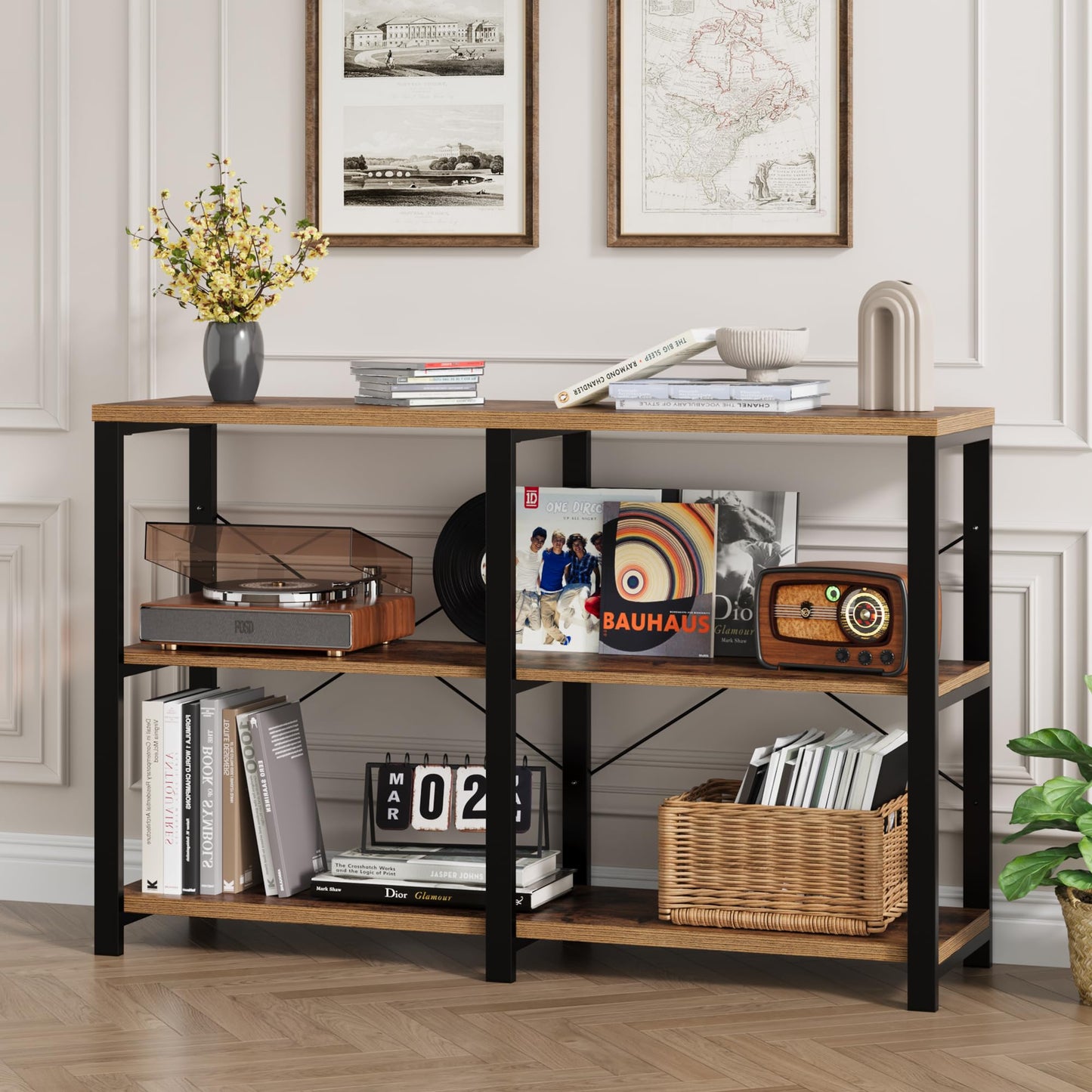 BOTLOG Console Table with 3 Shelves, Entryway Table Industrial Rustic with Thickened Desktop Living Room and Corridor