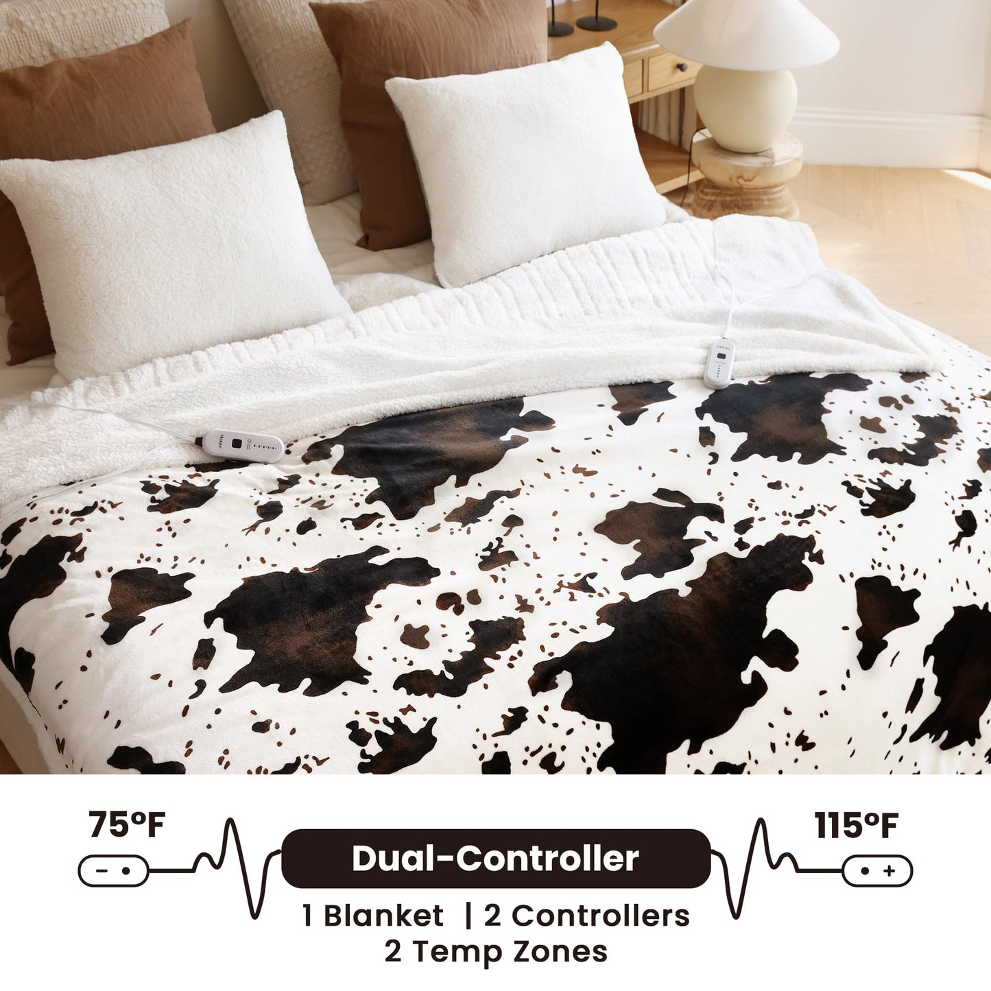 blunique Cow Print Electric Heated Blanket Queen-Dual Control Heating Blanket Queen Size with 5 Heat Levels & 10 Hours Auto-Off, Cozy Soft Fleece Sherpa, Washable, 84x90 Inche