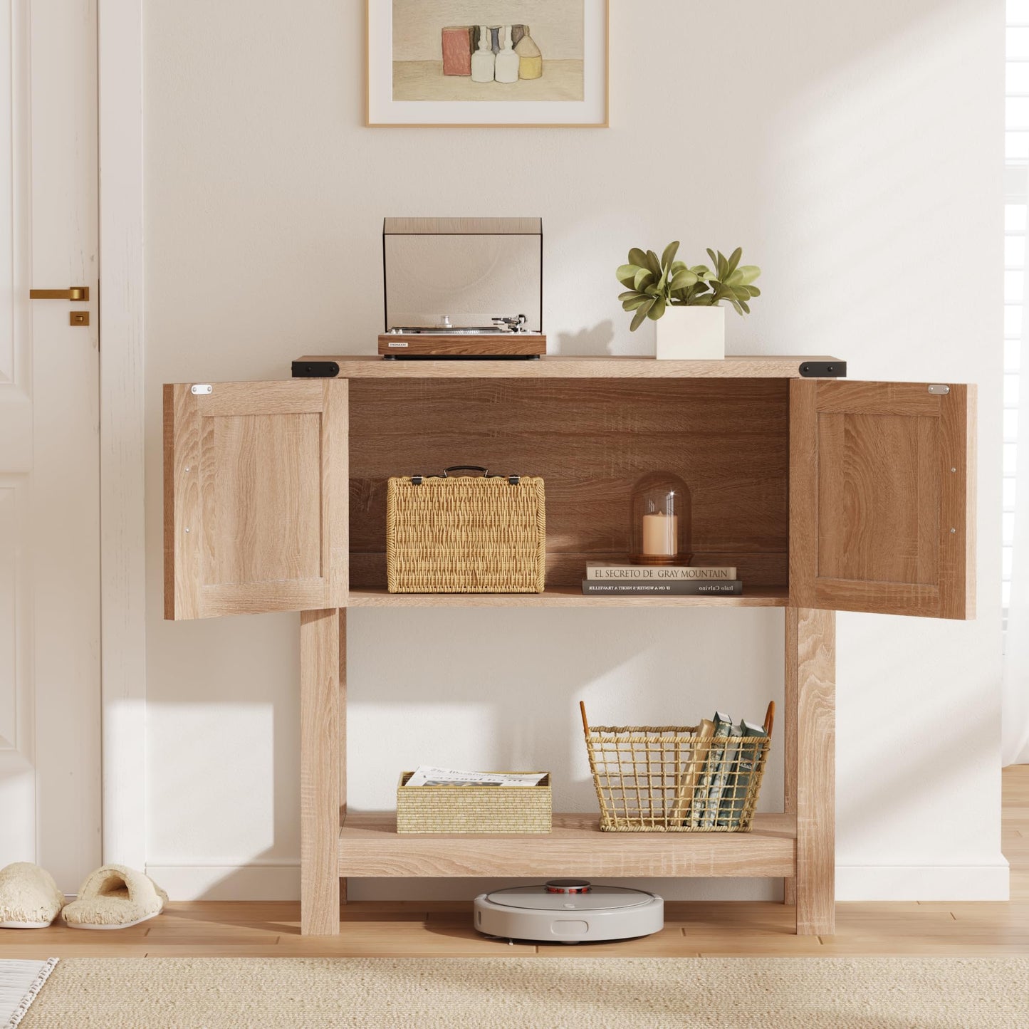 MELLCOM Console Table with Rattan Doors, Farmhouse Entryway Table with Storage Cabinet, Wood Hallway Desk with Open Storage Shelf for Living Room, Bedroom & Office