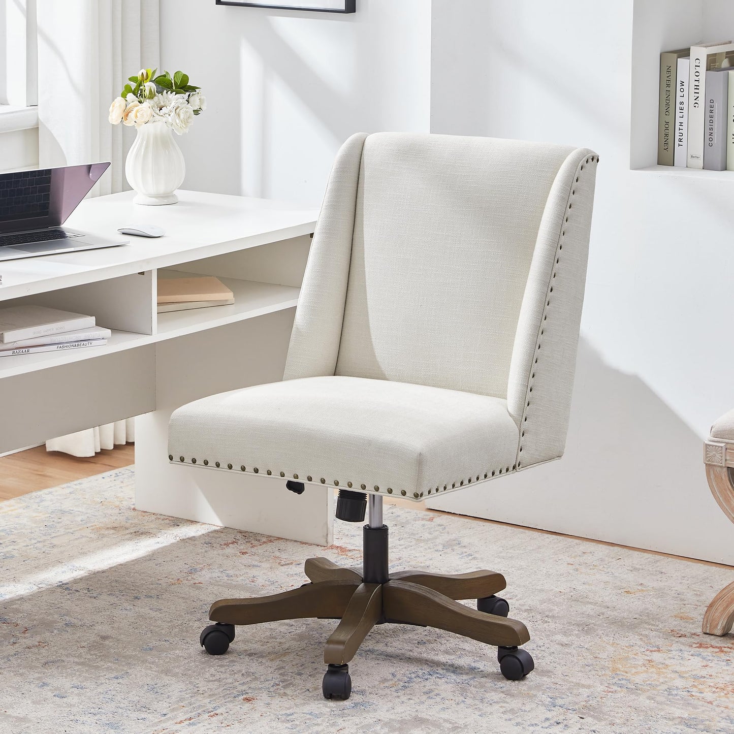 Zihanhome Armless Upholstered Office Chair with Wooden Legs, Modern Criss Cross Adjustable Home Office Desk Chair Sewing Chair Swivel Chair for Women Farmhouse Study Studio (Beige)