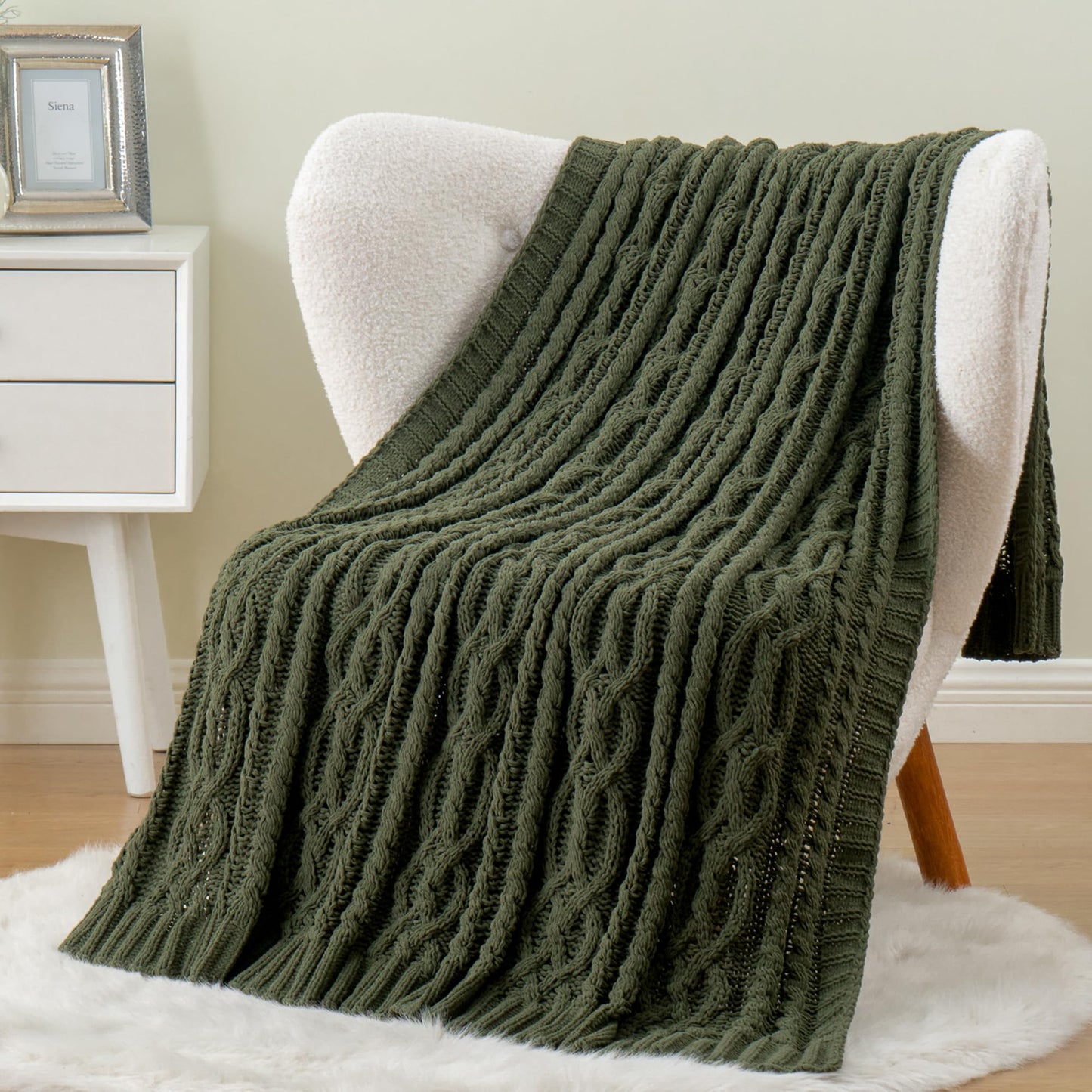 Battilo Olive Green Knit Throw Blanket for Couch, Woven Chenille Throw Blankets for Living Room, Sofa, Soft Chunky Knit Blanket, Decorative Couch Blanket, 51"x67"