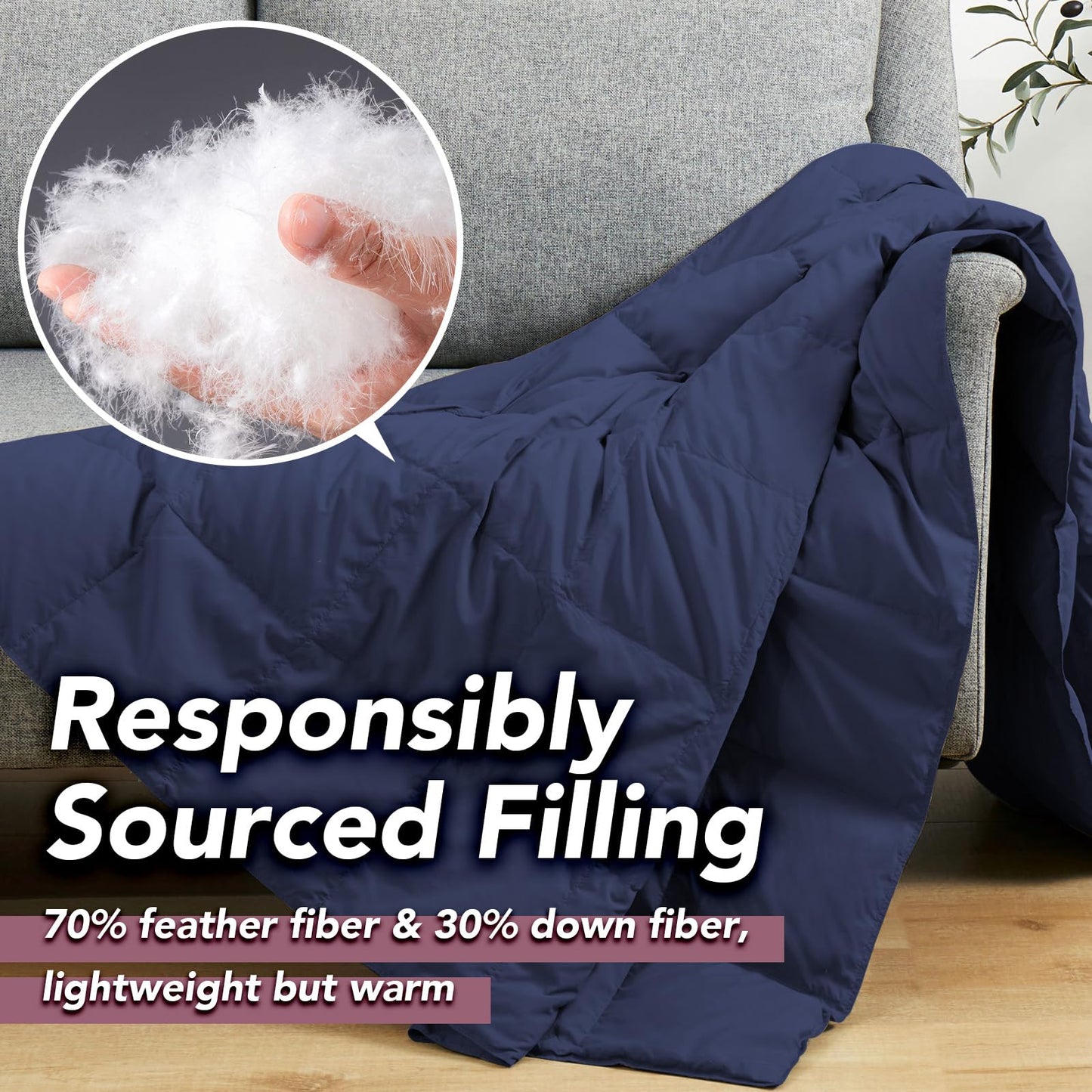DAICO Lightweight Down Throw Blanket Feather Down Throw for Couch Sofa Soft Packable Down Blanket Throw for Indoor and Outdoor Use 50"x70" Navy Blanket