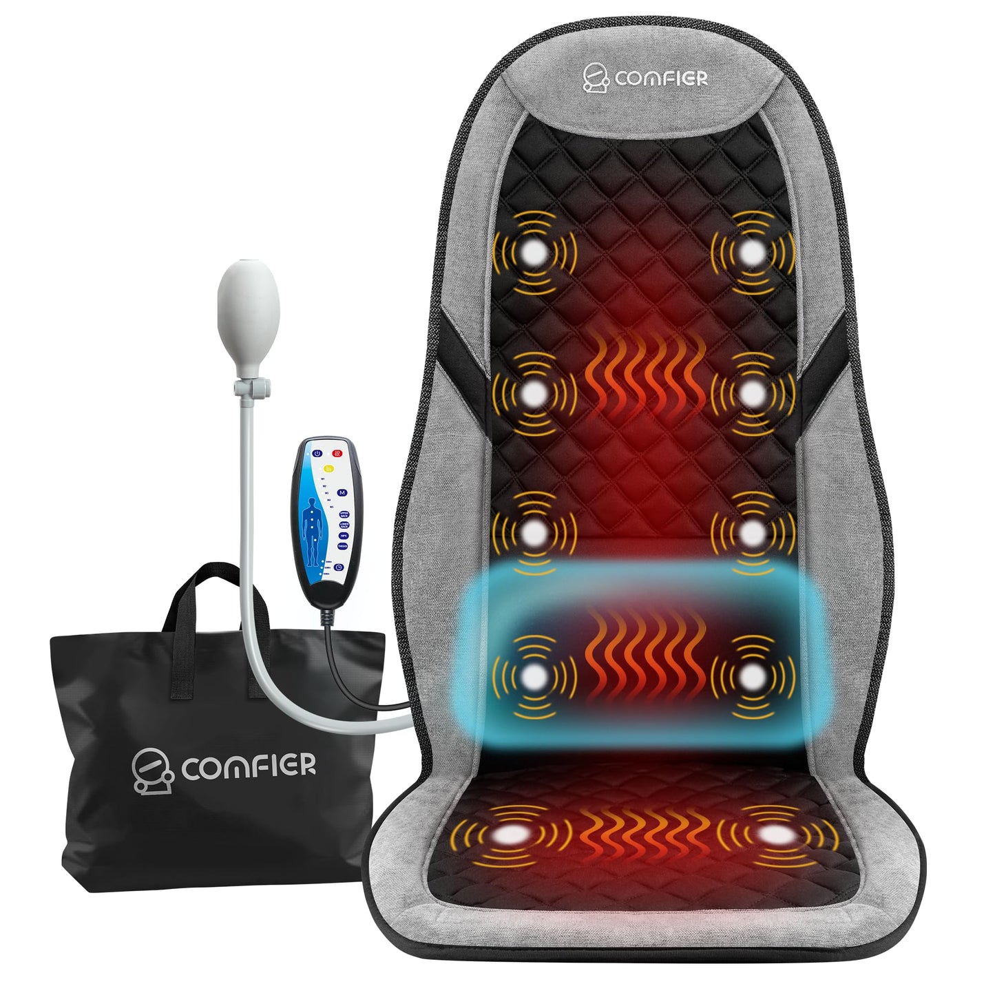 COMFIER Back Massager with Heat, Massage Seat Cushion for Chair with 10 Vibration Motors, Adjustable Lumbar Support,Chair Massager for Office,Recliner,Gifts for Men,Women