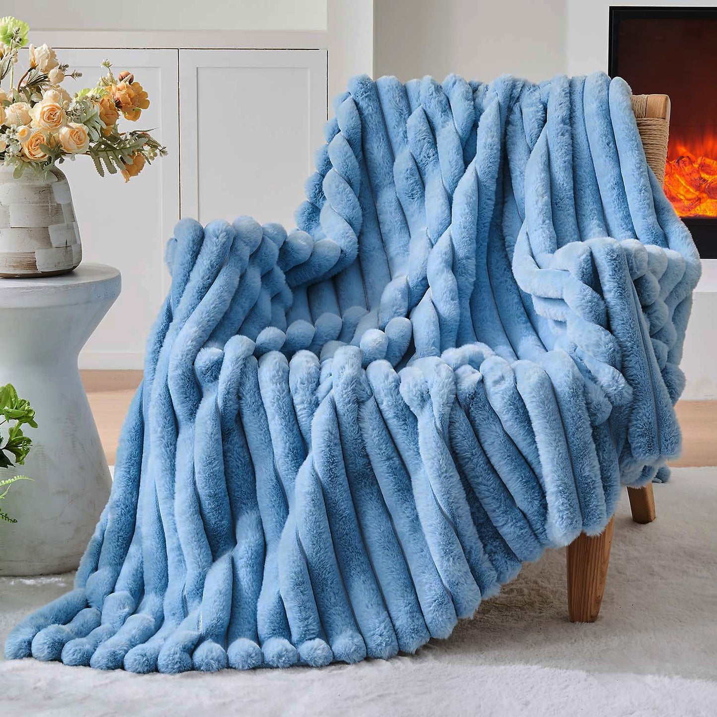 Lotus Karen Faux Fur Throw Blanket - Stripe Faux Rabbit Fur Blanket for Couch, Cozy Soft Fluffy Fuzzy Blanket, Warm Thick Furry Plush Shaggy Small Blankets for Women, Blue,50x60 Inches
