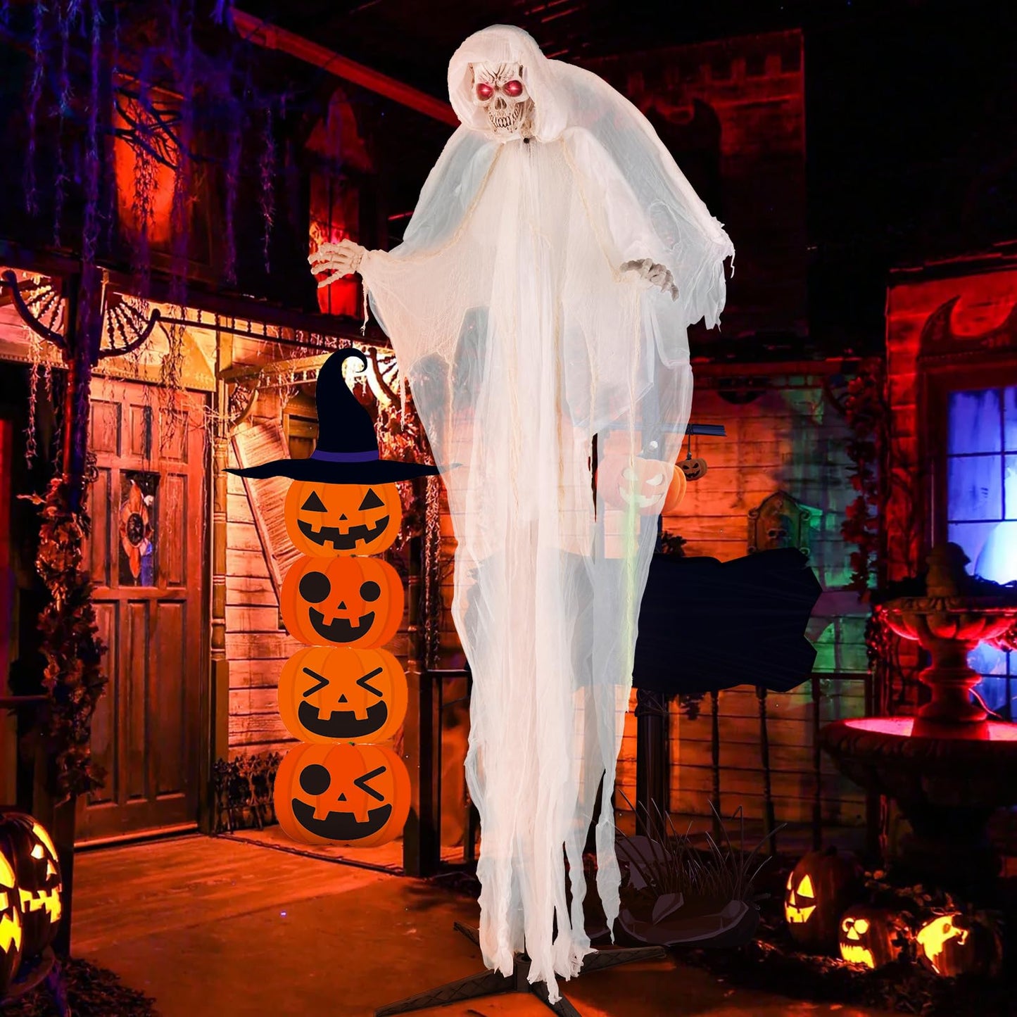 Tangkula 8.3 ft Halloween Standing Haunted Angel, Voice Activated Animatronic Ghost w/Lighted Eyes, Automatic Wing Movement & Terrifying Sounds, Holiday Skeleton Angel Decoration for Indoor Outdoor