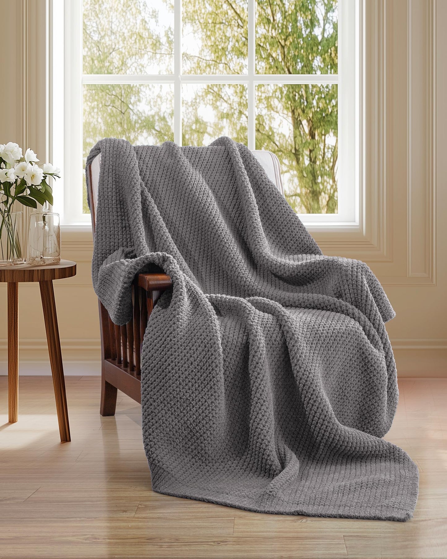 blunique Waffle Knit Throw Blanket, Luxury Cozy Chunky Knit Throw Blanket for Couch, 50 x 60 Thick Ultra-Soft Feather Yarn Knitted Blanket for Sofa, Bed, Home Decor - Grey