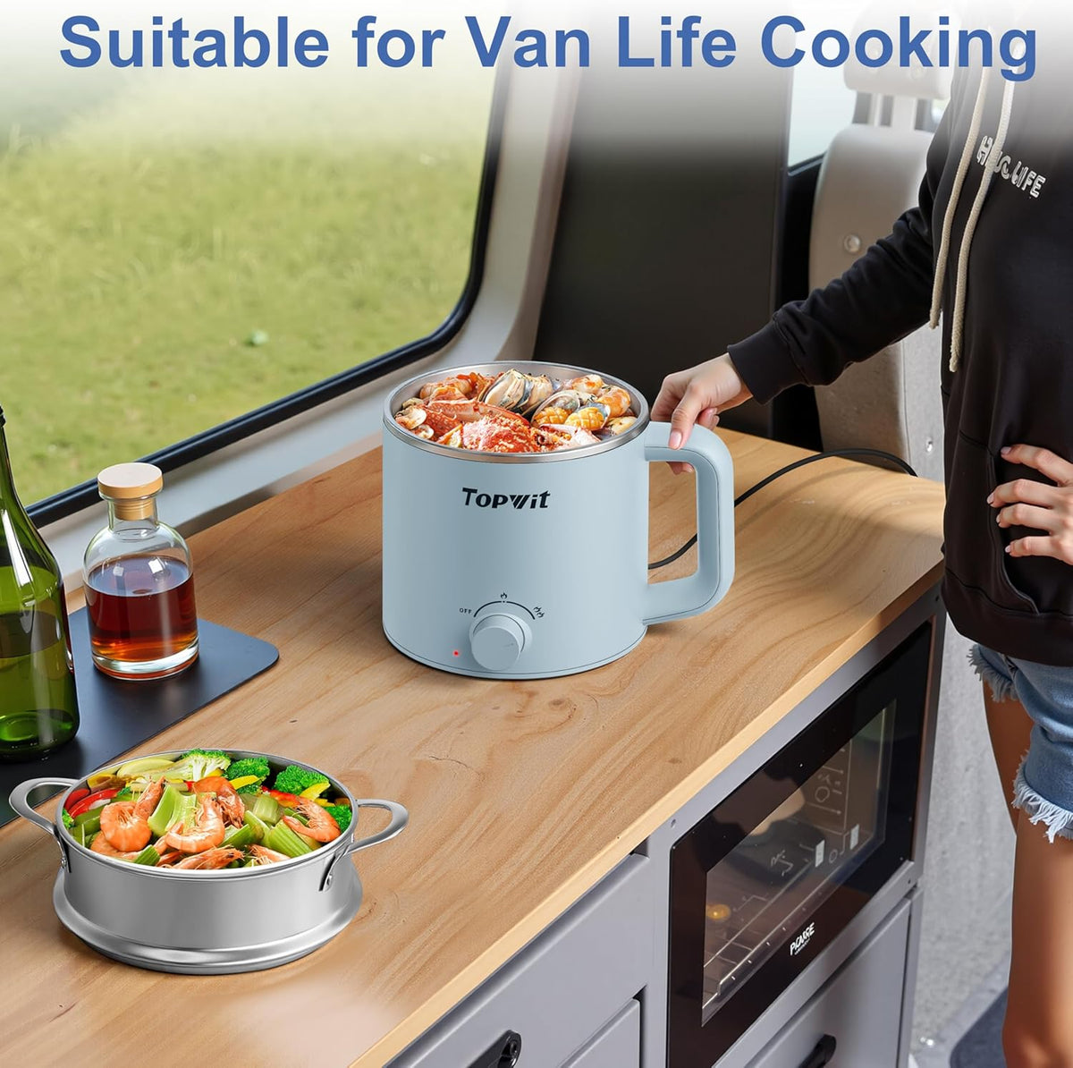 Topwit Hot Pot Electric with Steamer, 1.6L Ramen Cooker, Electric Pot for Pasta, Shabu-Shabu, Oatmeal, Soup and Egg, Portable Cooker with Dual Power Control, Dorm Room Essentials, Blue