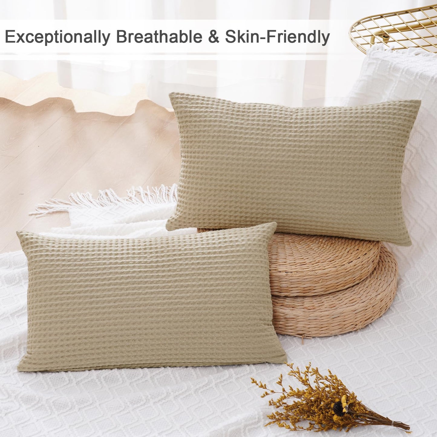 PHF 100% Cotton Waffle Weave Lumbar Pillow Cover 12" x 20", No Insert, 2 Pack Elegant Home Decorative Rectangle Throw Pillow Covers for Bed Couch Sofa, Khaki