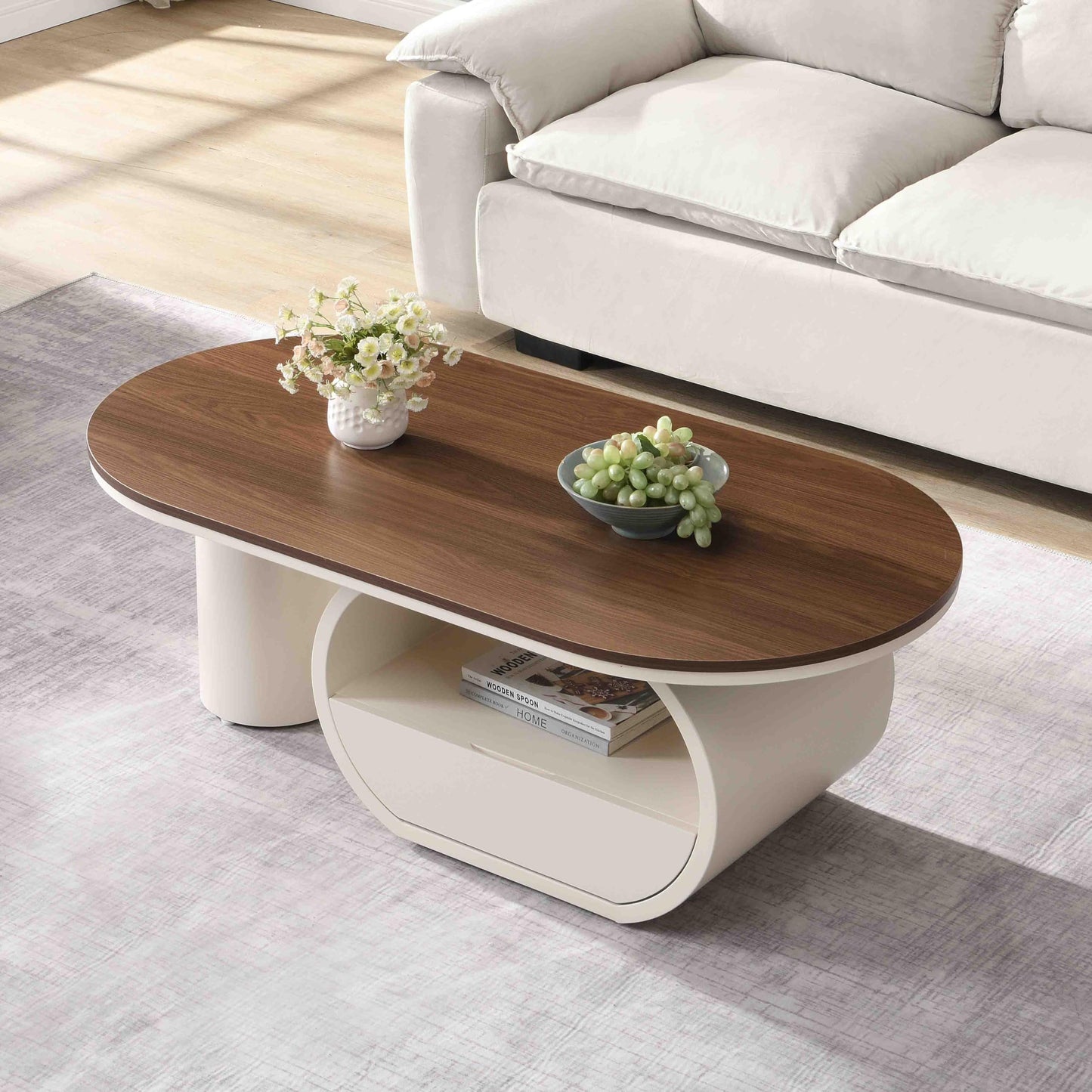 47.24'' Modern Coffee Table, Luxury Oval Coffee Table with Storage Drawer and Shelf, Metal Center Table for Living Room (Antique White+Brown)