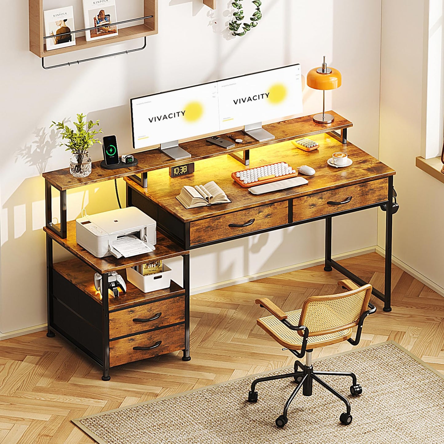 MUTUN Computer Desk, Office Desk, Home Office with Shelves, Gaming Desk Study Table with Monitor Stand
