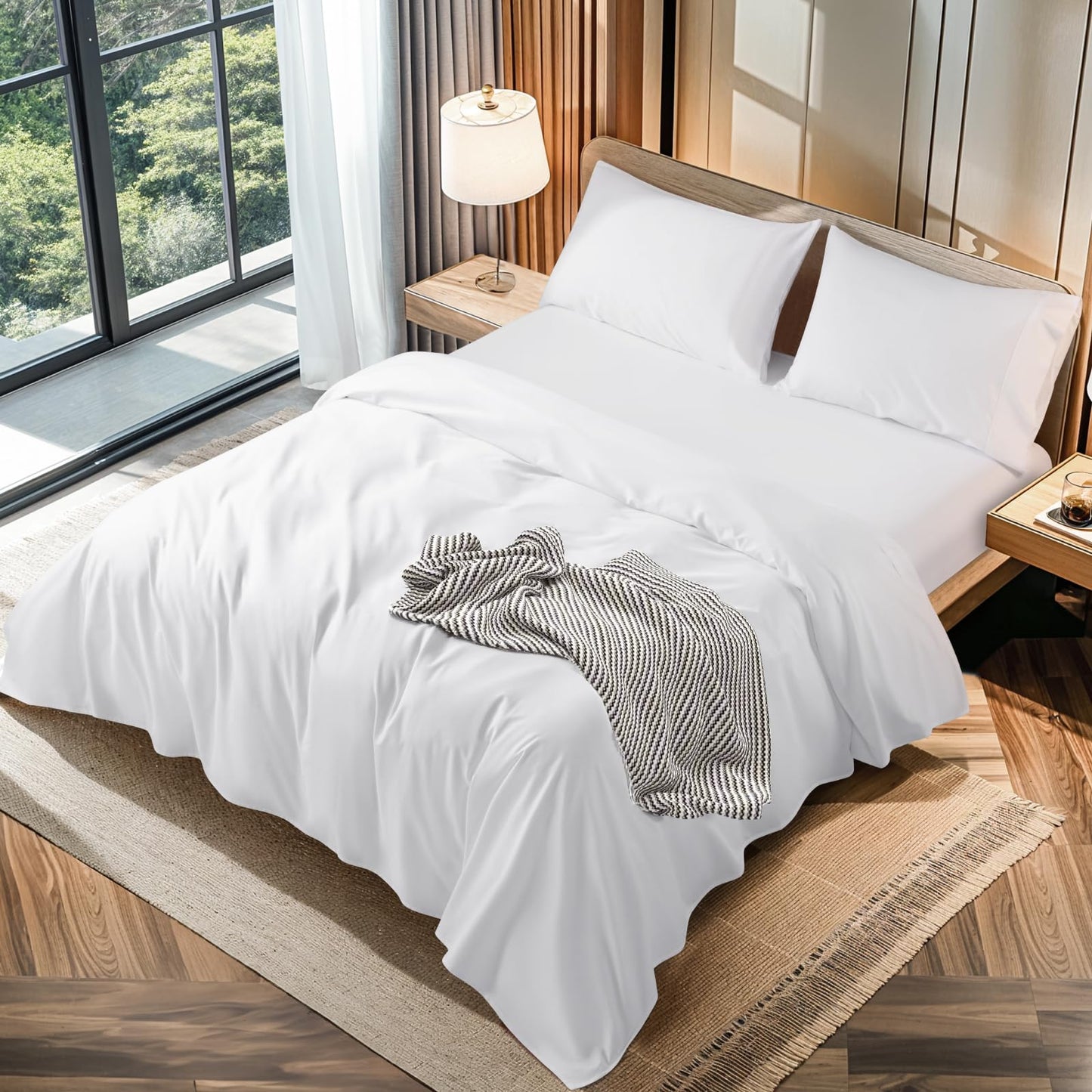 LBRO2M 100% Cotton 1200 Thread Count King Size Sheets Set Deep Pocket Up to16 inches, Bed Sheet 4 Piece (White, King)