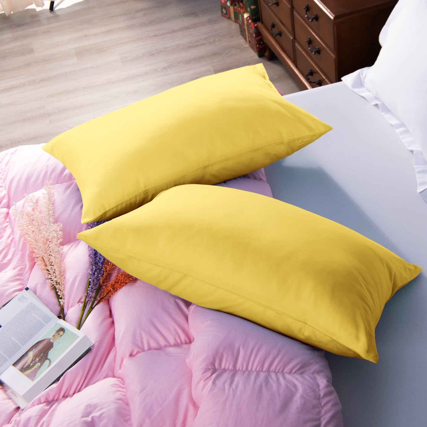 NTBAY Egyptian Cotton Queen Pillowcases - Set of 2, 500 Thread Count Cotton Pillowcases - Soft and Breathable Envelope Closure Pillow Cases - 20x30 Pillow Covers for Bed, Mustard Yellow