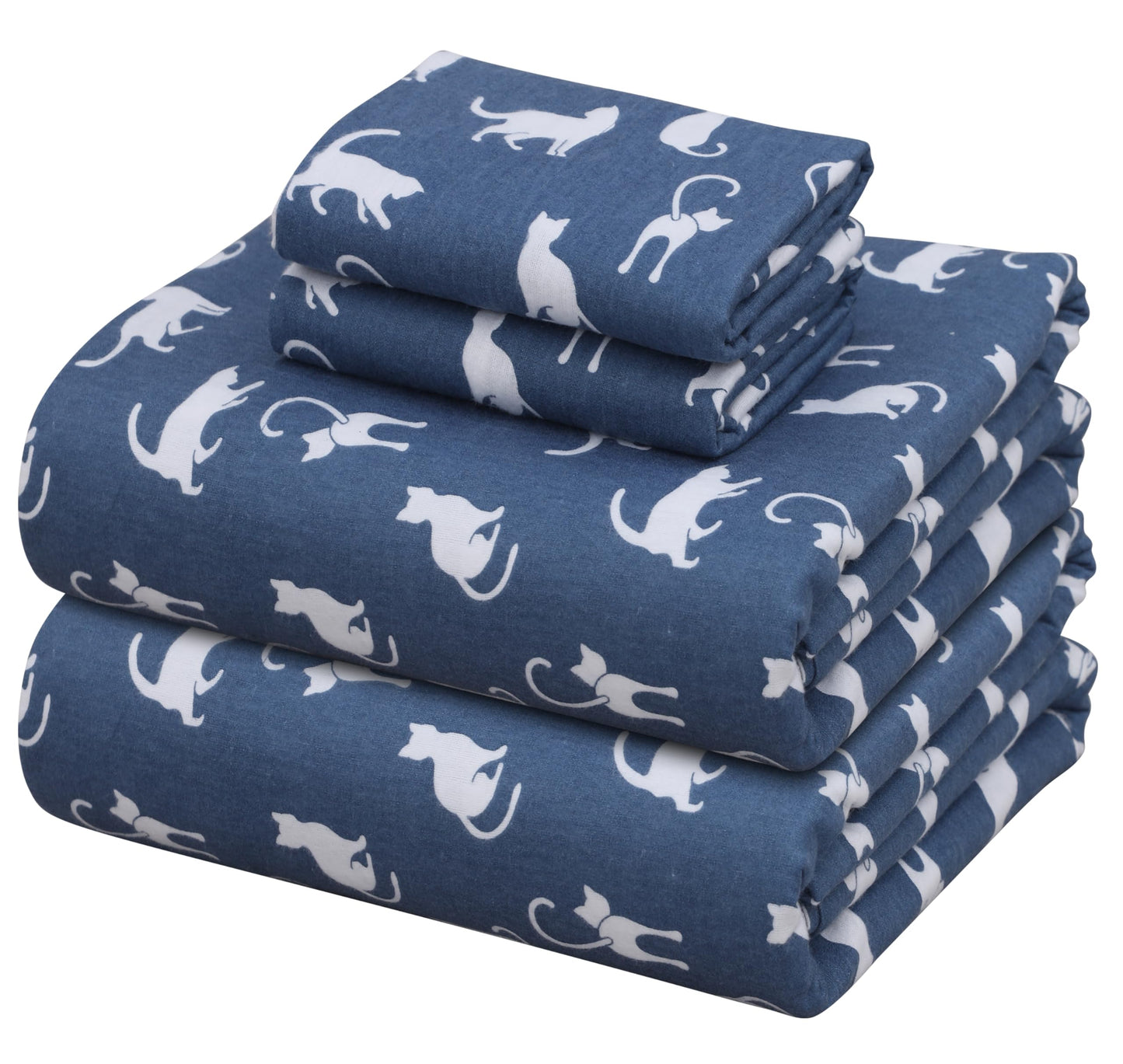 ZOYER Flannel Sheets King Size Set - Soft & Comfy Deep Pocket Cotton Flannel Bedding, Fitted Up to 16", Double Brushed King Bed Sheets, 4 Pieces, White Cat