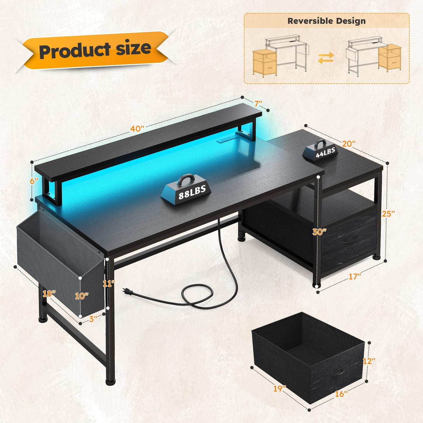 DurayLoly Computer Desk with Power Outlets and LED Lights,57" Home Office Desks with Drawers and Printer Space,Office Desk with File Drawers Cabinet,Gaming Table with Shelves Monitor Stand,Black