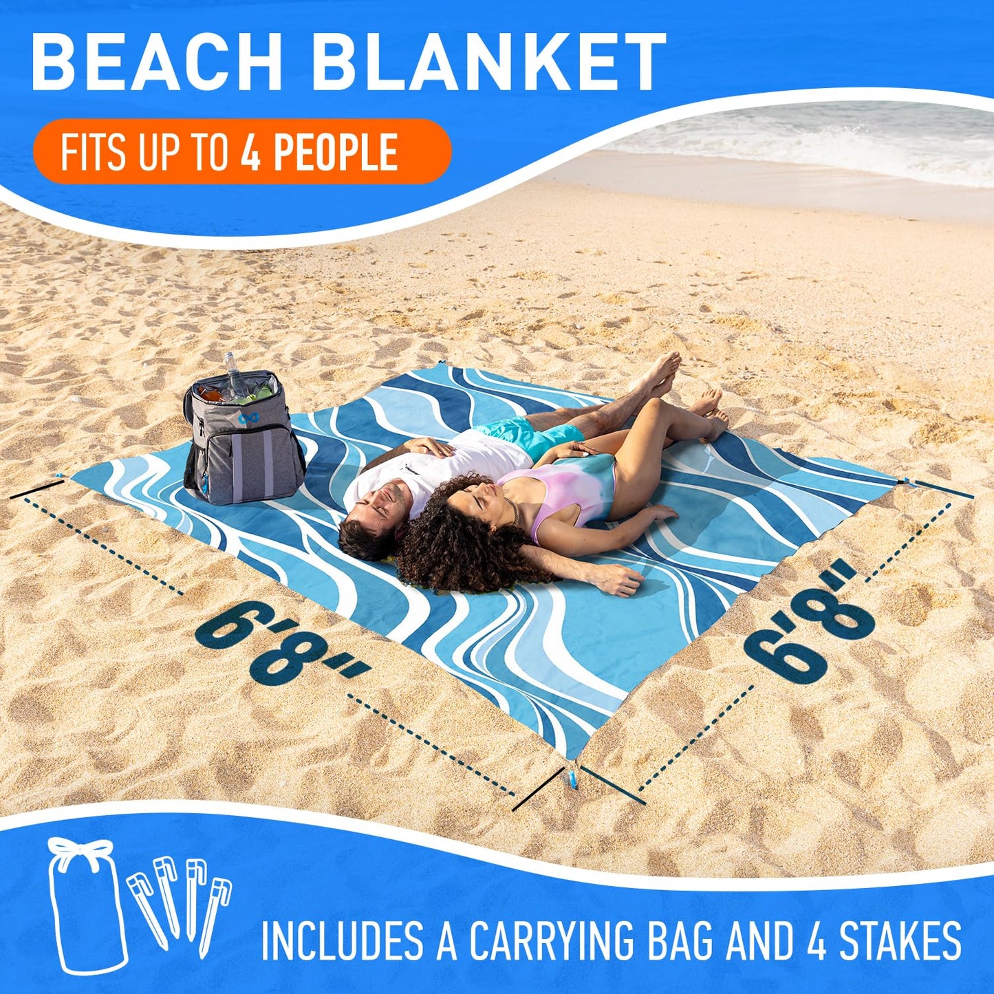 Everlasting Comfort Large Beach Blanket Waterproof & Sandproof - 80" x 80"/6.7ft x 6.7ft - Lightweight Beach Mat, Picnic Mat, Outdoor Blanket - Ideal for Festivals, Camping - Blue