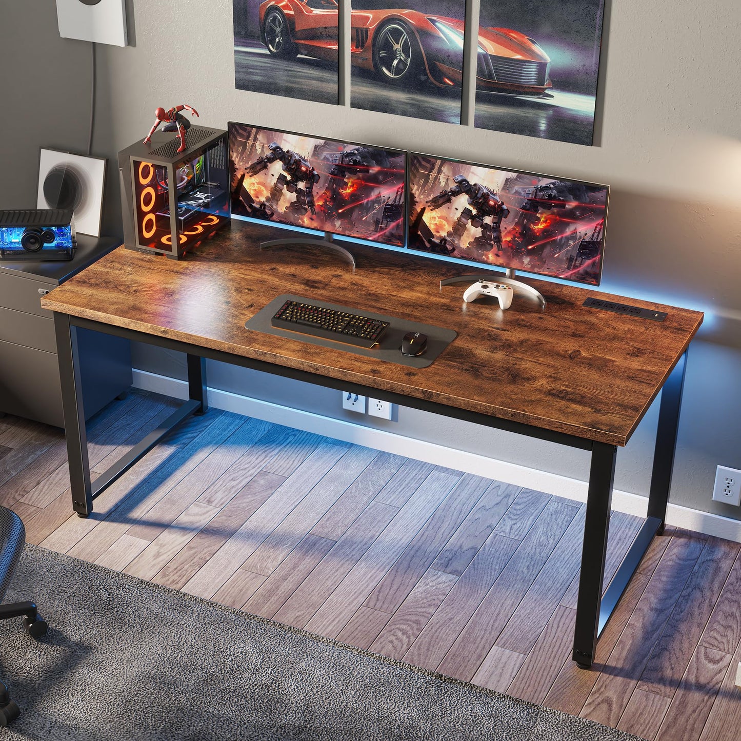 Huuger 55 x 24 inch Desk with Power Outlets & USB-C, Deeper & Thicker Desktop, Robust Metal Tubes, Computer Desk, Heavy Duty Office Desk, Work Gaming Desk for Home Office, Rustic Brown