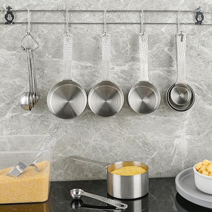 Measuring Cups and Spoons Set 19, Metric & US 18/8 Stainless Steel Measuring Cups and Spoons Set for Kitchen and Baking, Dry & Liquid Metal Measure Cup Spoon with Measure Equivalents