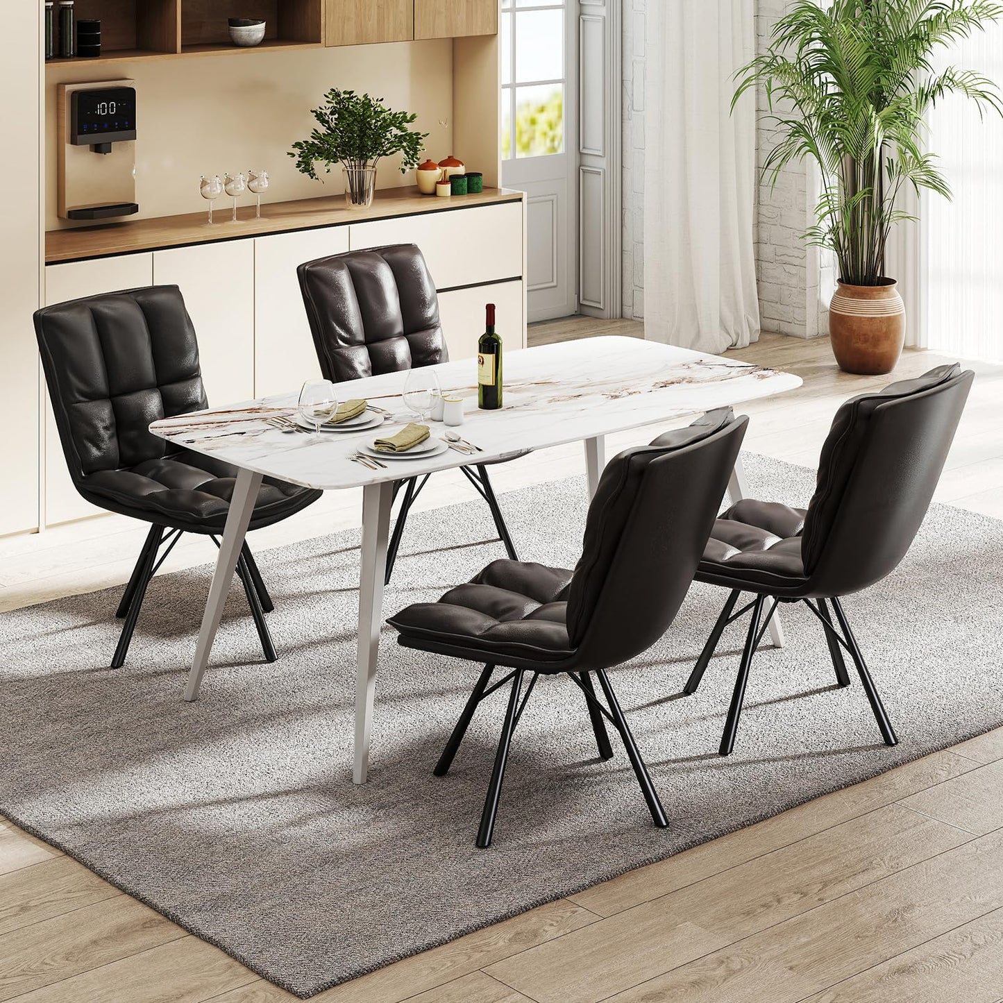 Bestier Dining Chairs Set of 2, Modern Accent Chair with Metal Legs, Comfortable Upholstered PU Leather Chairs for Living Room Kitchen Home Office, Dark Brown