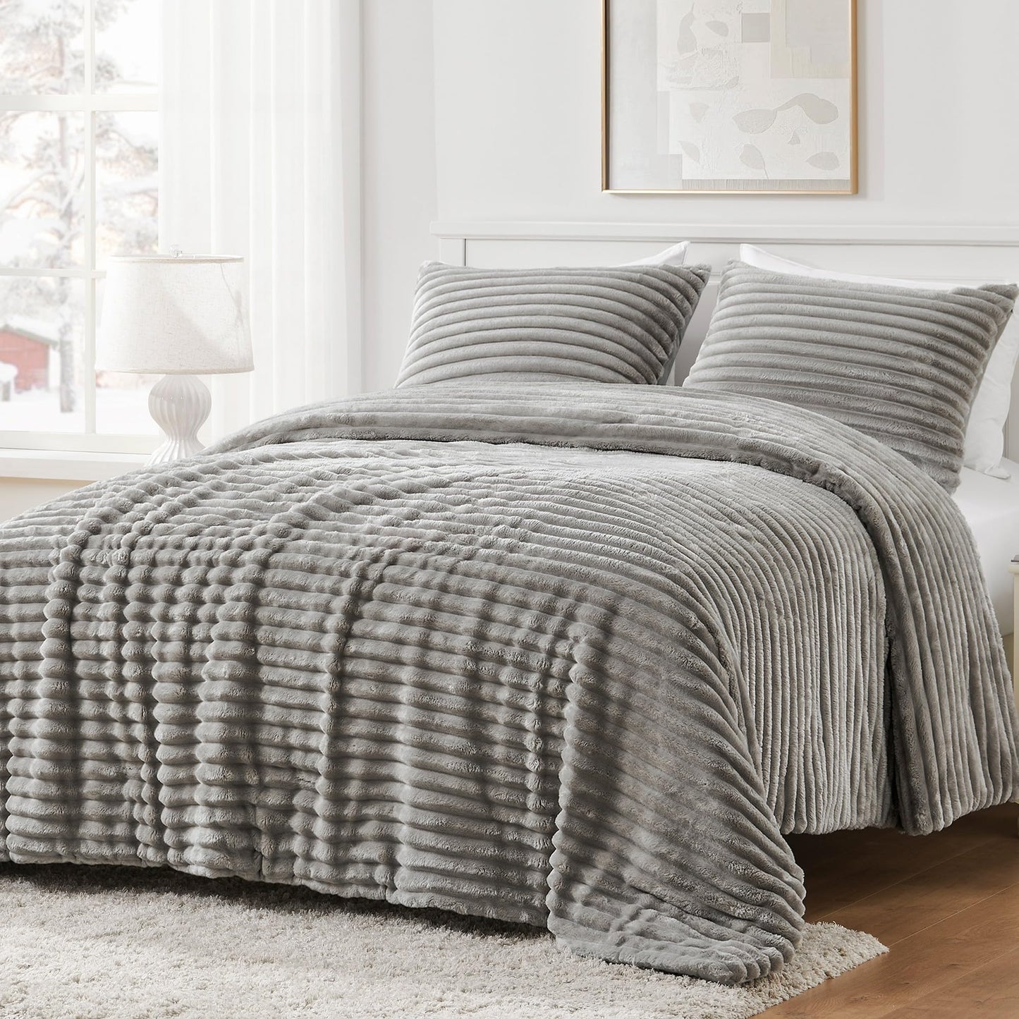 puredown® Fluffy King Comforter Set - Super Soft & Warm Fleece Comforter King Size for Winter, Luxury Plush Fuzzy Bed Set 3 Pieces, 1 Shaggy Comforter with 2 Pillowcases, Grey