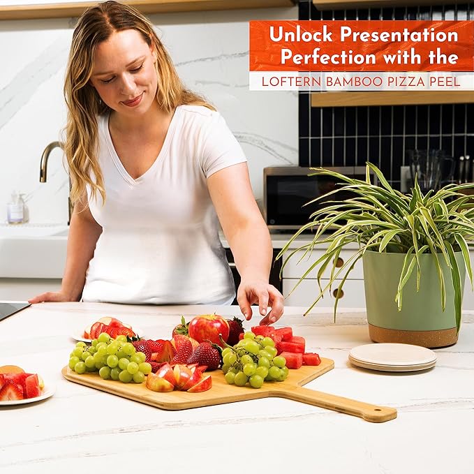Loftern Wooden Pizza Peel 16 Inch Board with Engraved Sizes - Multi-Purpose Bamboo Pizza Cutting Board, Wood Pizza Peel, Pizza Spatula Paddle, and Serving Board with Size and Cutting Guide