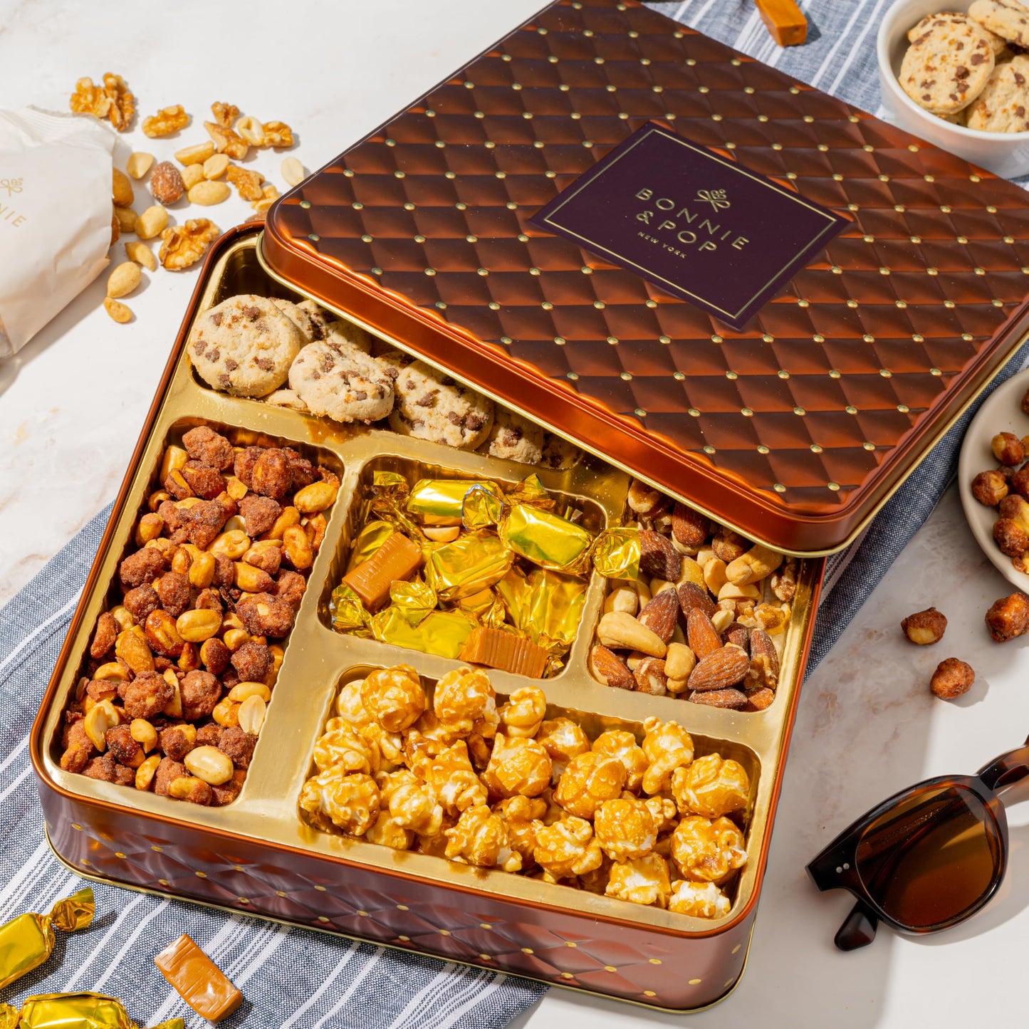 Snack Assortment Gift Basket- Cookie and Nuts Gift Tin- Gourmet Treat Variety Present in Keepsake Tray– Gift Idea for Men, Women, Him, Her- Bonnie and Pop