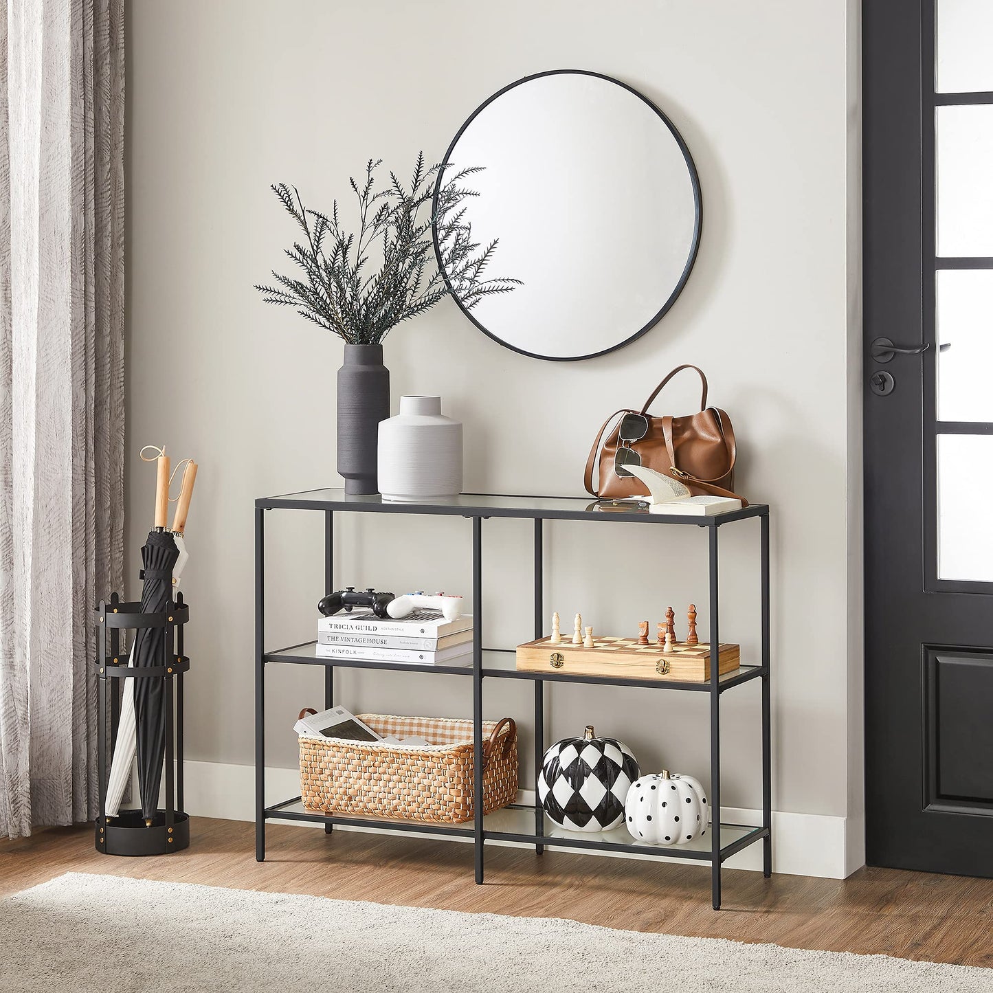 VASAGLE 39.4 Inch Console Table with 3 Shelves, Sofa Tables, Modern Entryway Table, Metal Frame, Tempered Glass Shelf, Entryway Living Room Bedroom, Classic Black and Transparent ULGT027B01