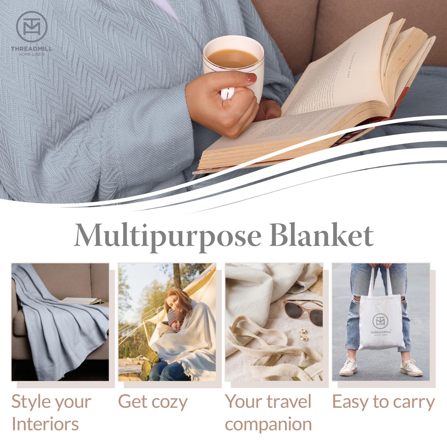 Threadmill Luxury Cotton Blankets for King Size Bed | All-Season Cozy 100% Cotton King Size Blanket | Herringbone Soft Fall Thermal Blanket fits Cal King Size Bed | Scottish Grey