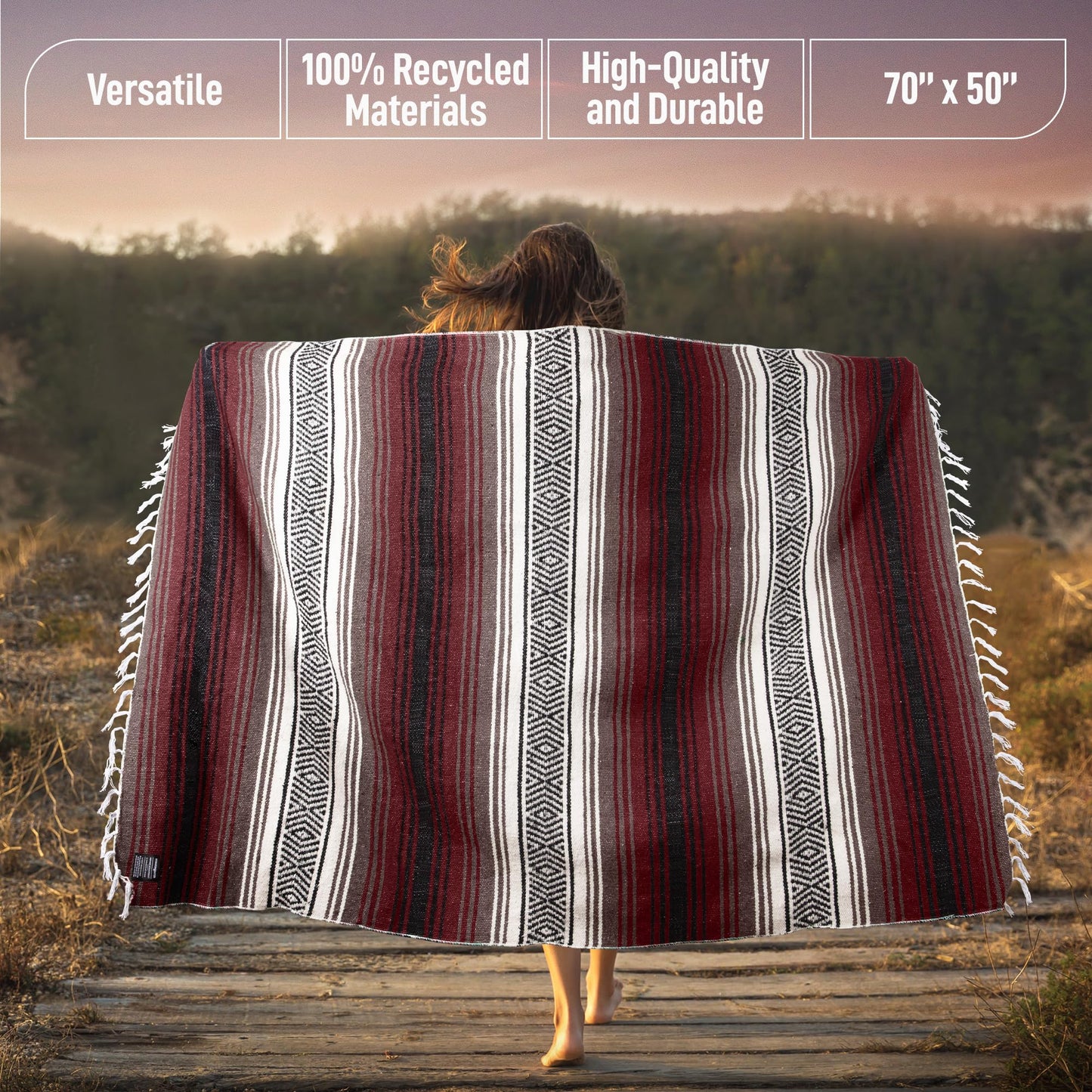 Authentic Large Handwoven Mexican Blanket - Soft Yoga- Durable Serape- Lightweight Falsa, Beach, Camping, Picnic, Outdoor Blanket 70"x50" - Cherry