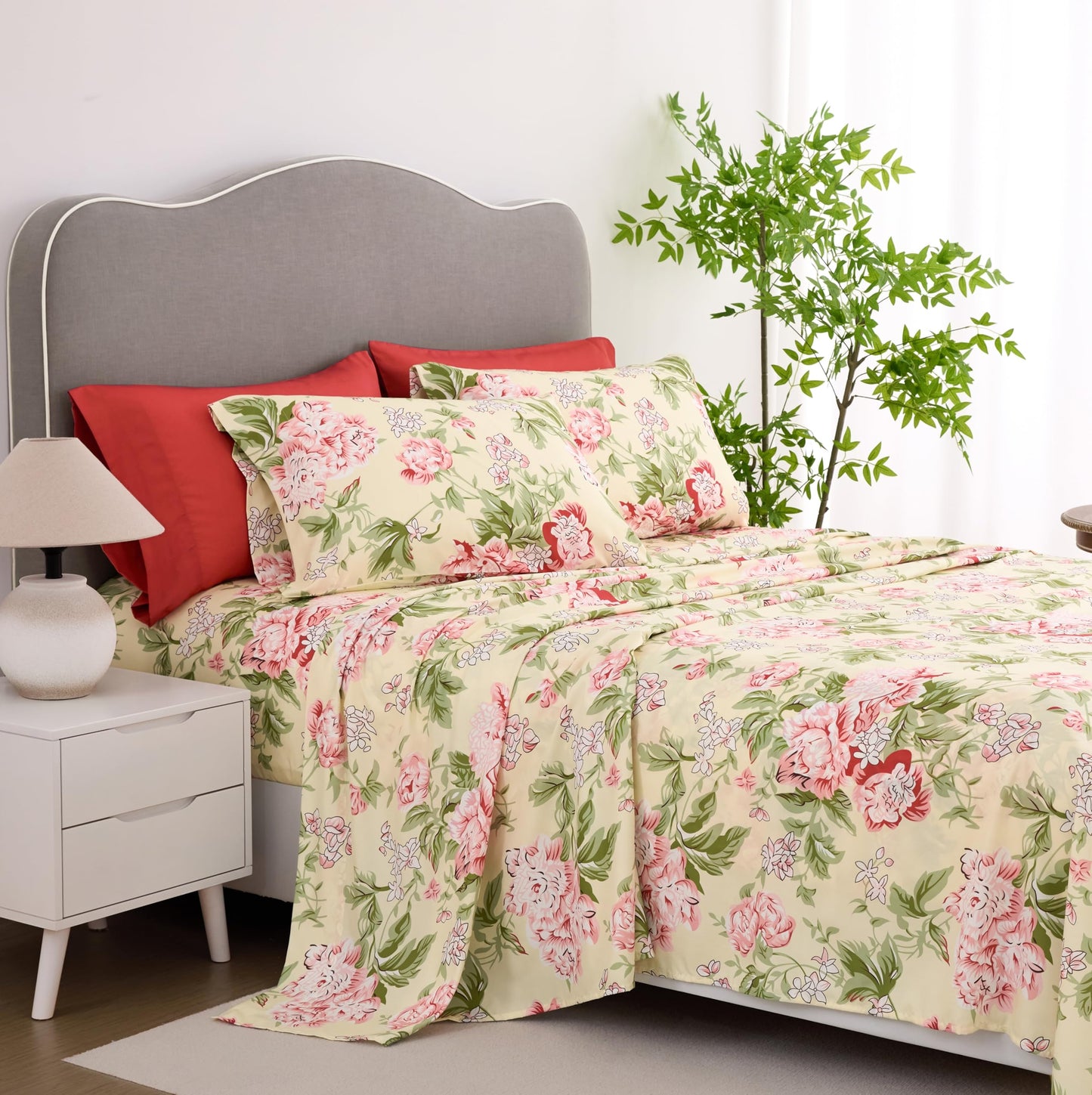 Spirit Linen home King Size Bed Sheets Set Deep Pockets - 6PC Floral Ultra Soft Microfiber Bed Sheets - Easy to Clean, 90 Thread Count Sheets with Fitted Sheet, Flat Sheet & Pillowcases (Rose Floral)