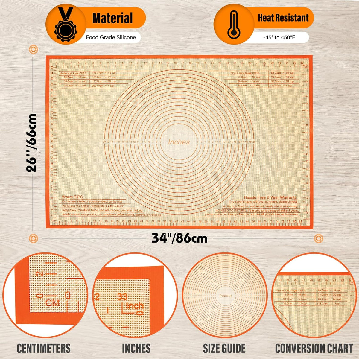 Silicone Pastry Mat 36x24 Inch - Nonstick Baking Mat Perfect for Dough, Pastry, Pie Crust, Fondant, Bread, Cookies, Pasta, Pizza, Kitchen Counter Mats
