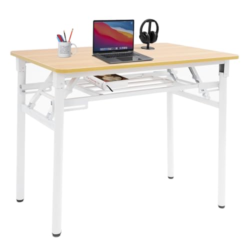 LUOSHALIYA Foldable Computer Desk, Writing Desk Folding Table Gaming Office Writing Work Desk, for Home Office, Study, Bedroom, Metal Frame, No Assembly (Wood)