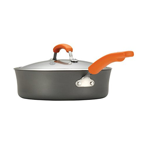Rachael Ray Brights Hard-Anodized Aluminum Nonstick Cookware Set with Glass Lids, 10-Piece Pot and Pan Set, Gray with Orange Handles