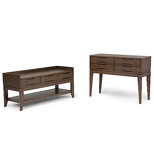SIMPLIHOME Harper Console Table - 40 Inch Wide Solid Hardwood Sofa Table in Walnut Brown, Mid-Century Modern Storage Table for Entryway or Living Room with 4 Drawers, Notched Handles, and Tapered Legs
