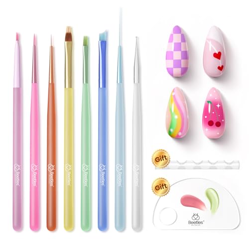 Beetles Nail Art Brushes Set for Gel Polish 7 Pcs - Nail Art Design Pen Painting Brush, Line and Flower DIY with Palette Dotting Tool Nail Manicure Kit